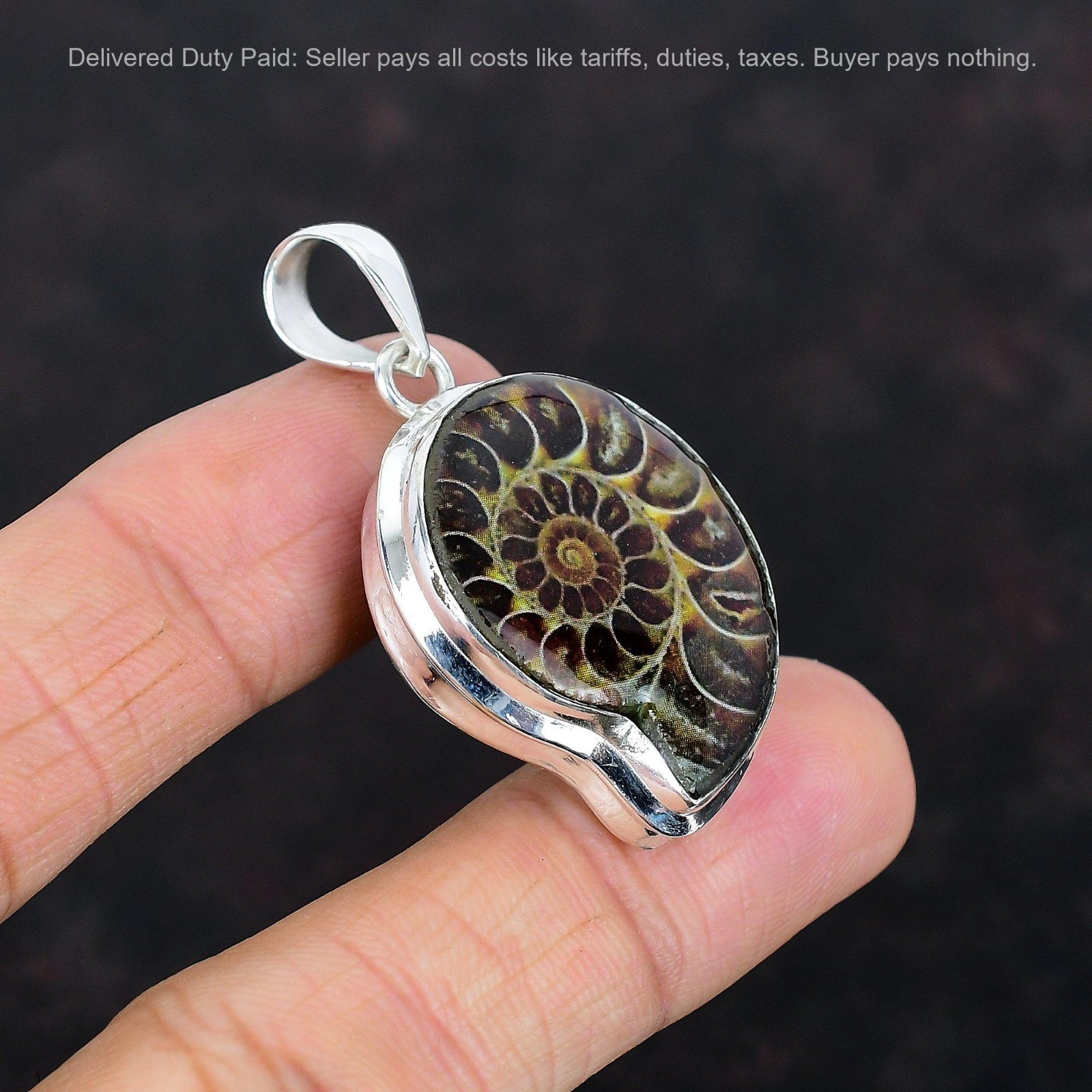 Ammonite Fossil Pendant 925 Sterling Silver Jewelry Natural Gemstone Pendant