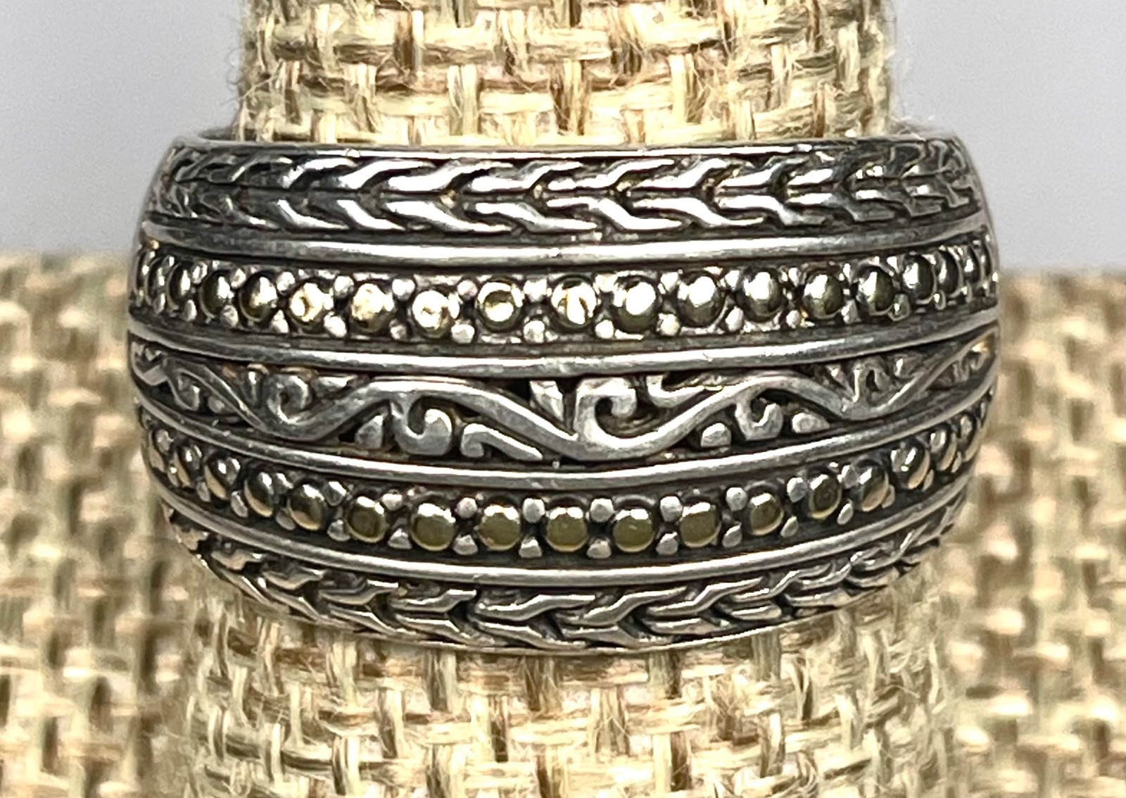 EFFY 925 Sterling Silver 18K Gold Wide Dome Bali Scroll Band Ring Size 9.5