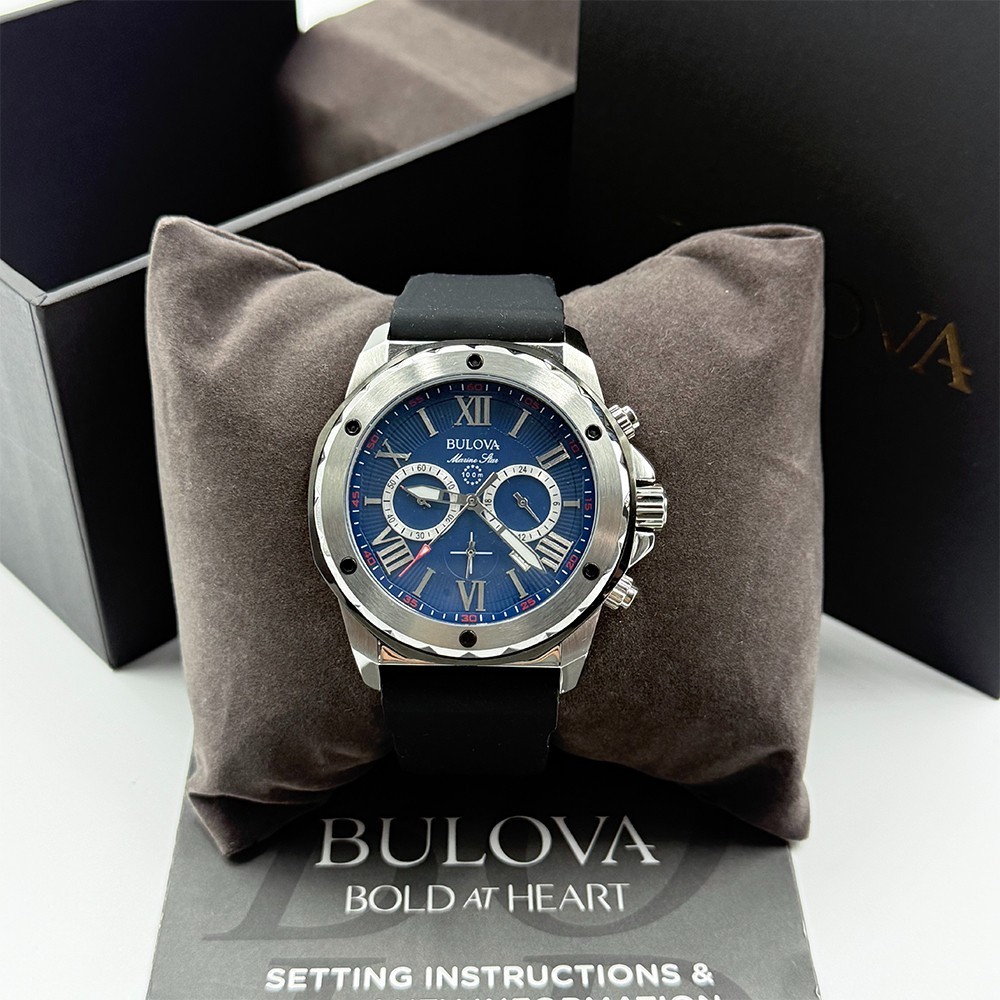 Bulova Men’s Marine Star Quartz Blue Dial Black Rubber Strap Watch 98B258