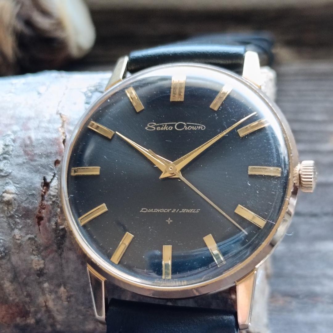 Seiko Crown Manual Wind Watch Black Dial Gold Plated 36mm Used