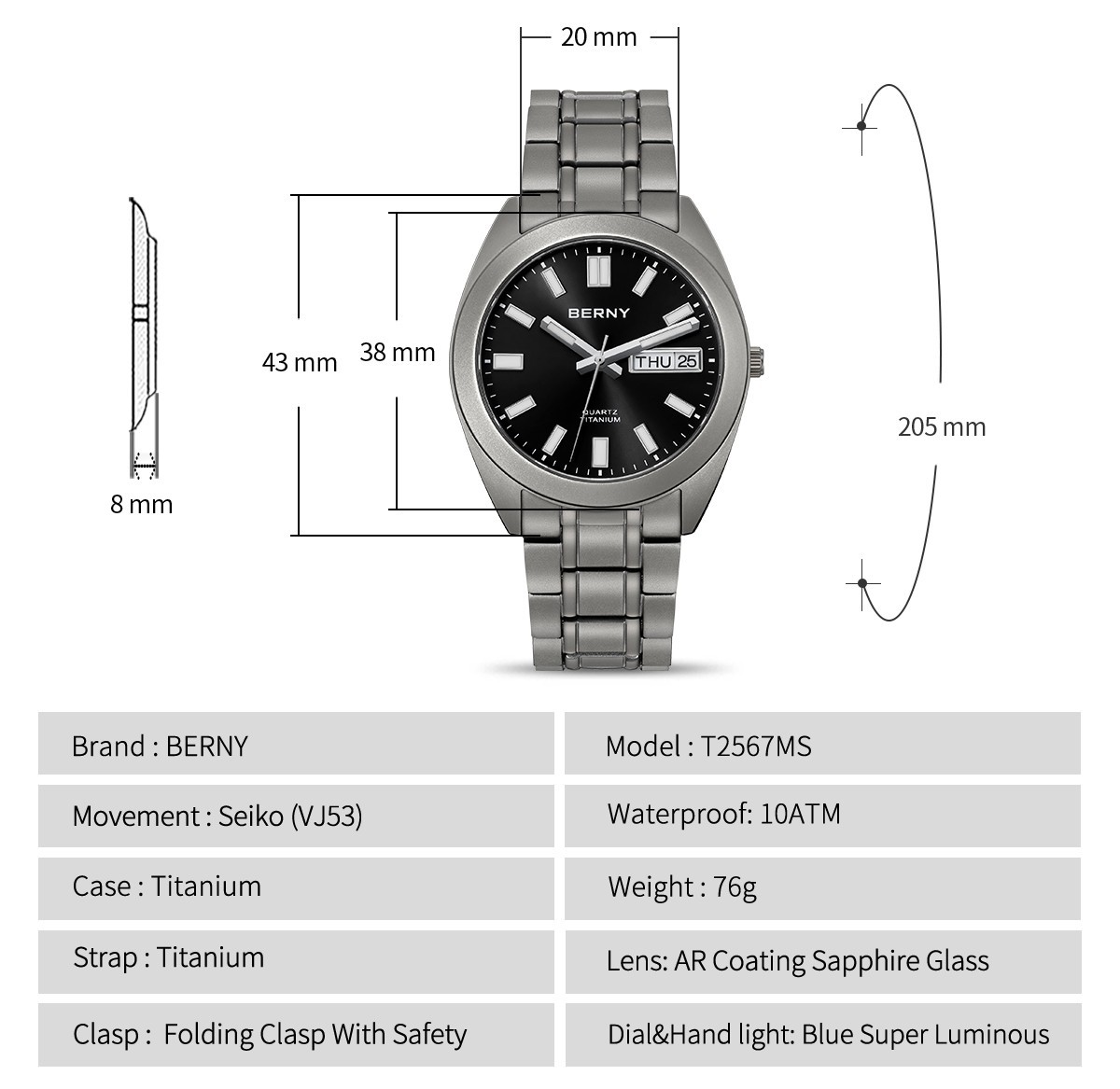 BERNY Titanium Seiko VJ53 Quartz Movement Blue Sunburst Dial Day Date Sapphire