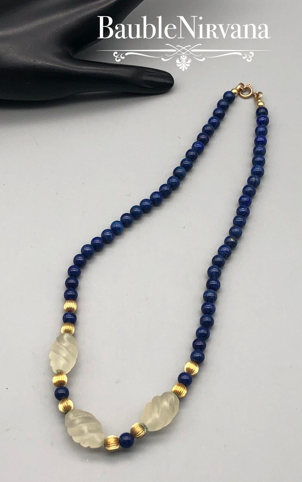 Vintage Lapis Lazuli Blue Swirl Frosted Crystal& Goldtone Beads Elegant Necklace