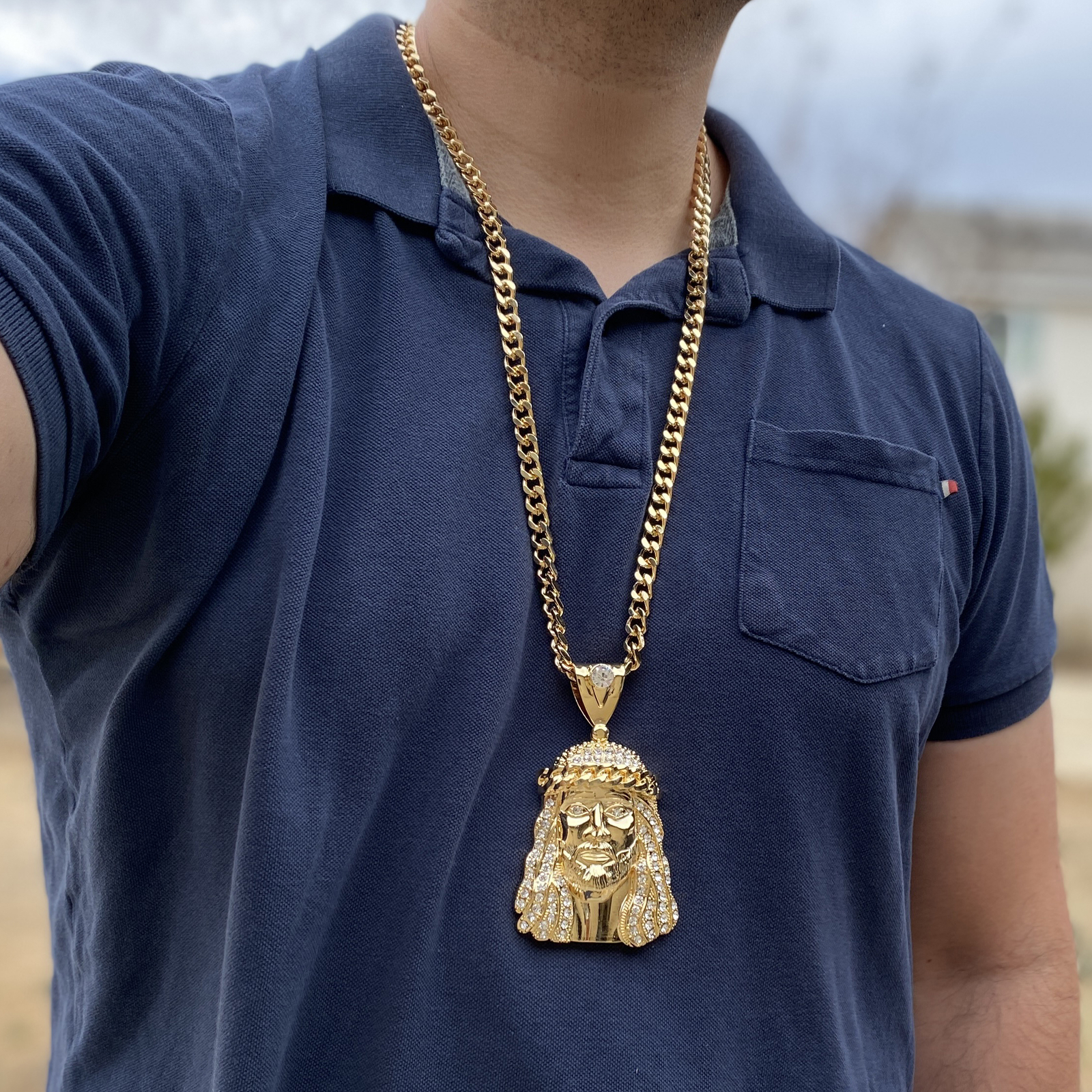 18K Gold Plated Huge Jesus Head Pendant CZ Necklace Hip Hop Cuban Link Chain 30″