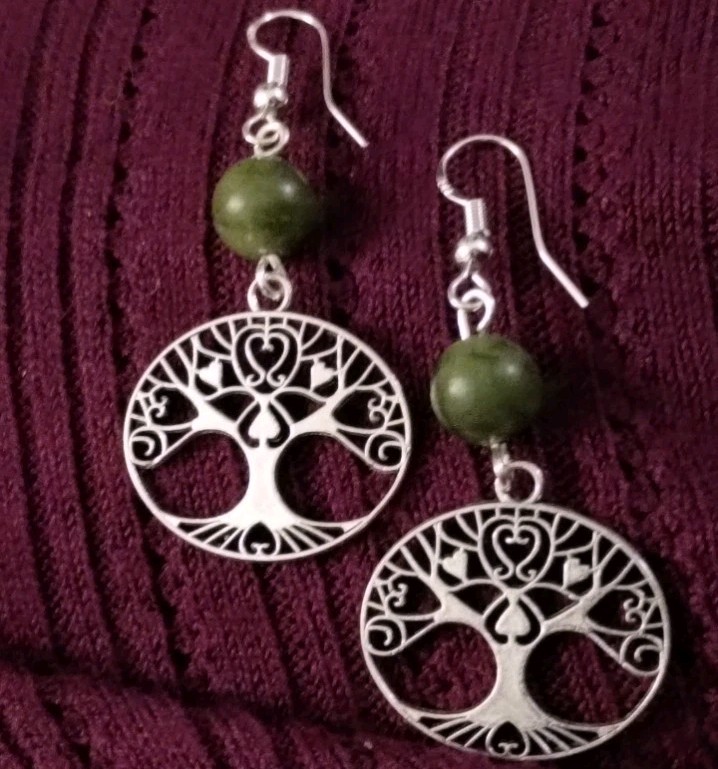 925 Sterling Silver Filled Connemara Marble Tree Of Life 2-Sided Hook Earrings