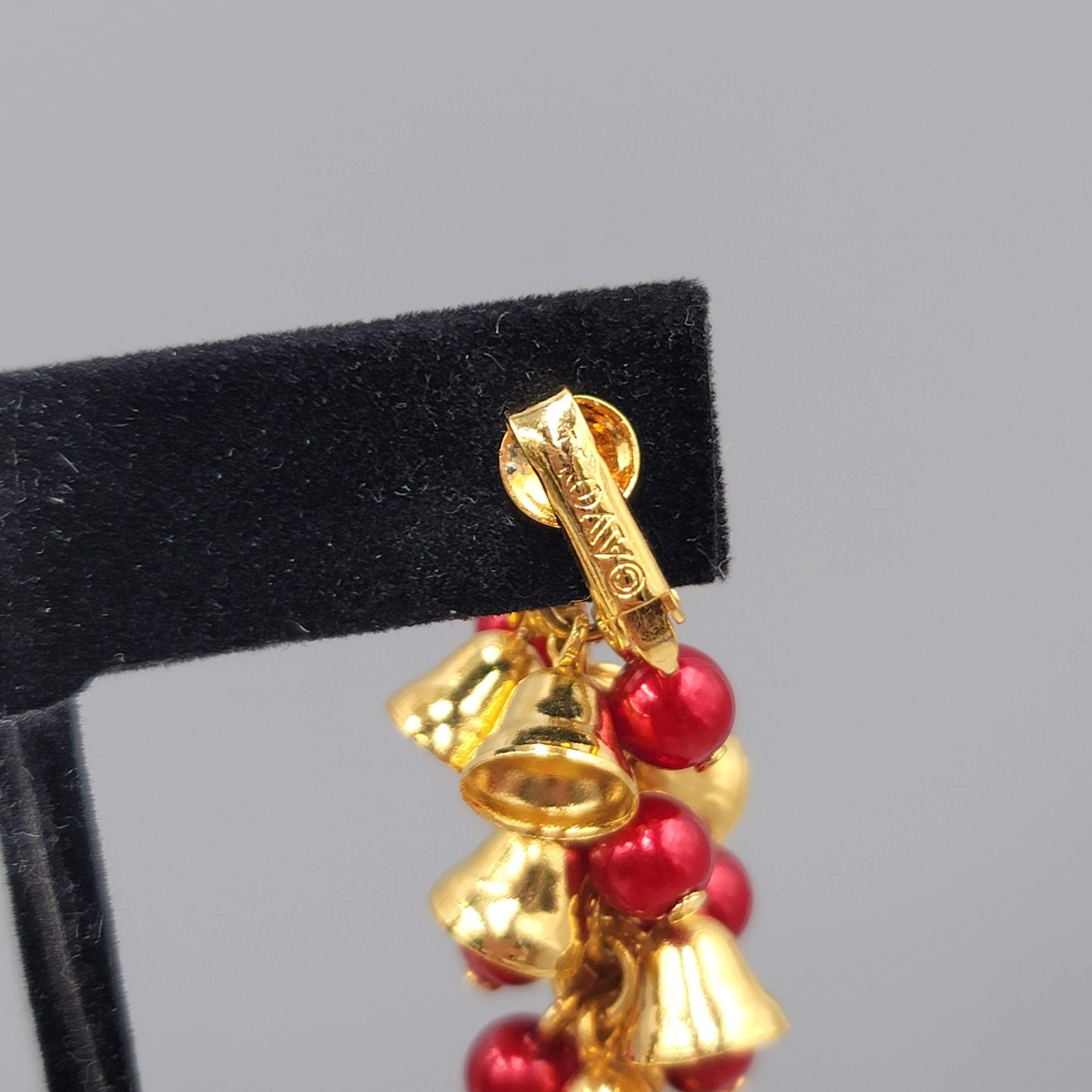 Vintage Avon Red Bead Jingle Bells Clip on Earrings Gold Plated Christmas 1.5″