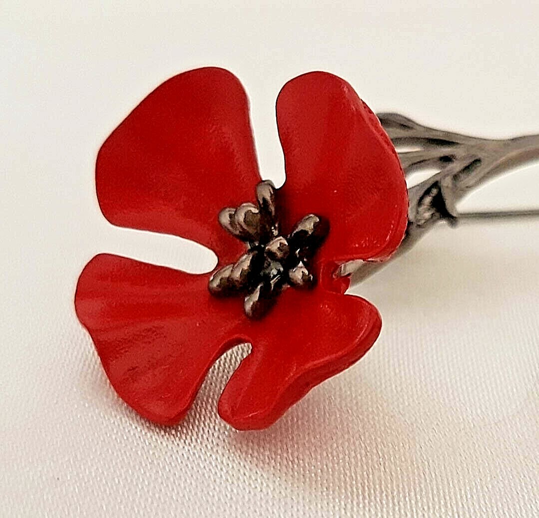 Enamel Red Poppy on Black Stem Approx 75mm x 30mm By CassysJules