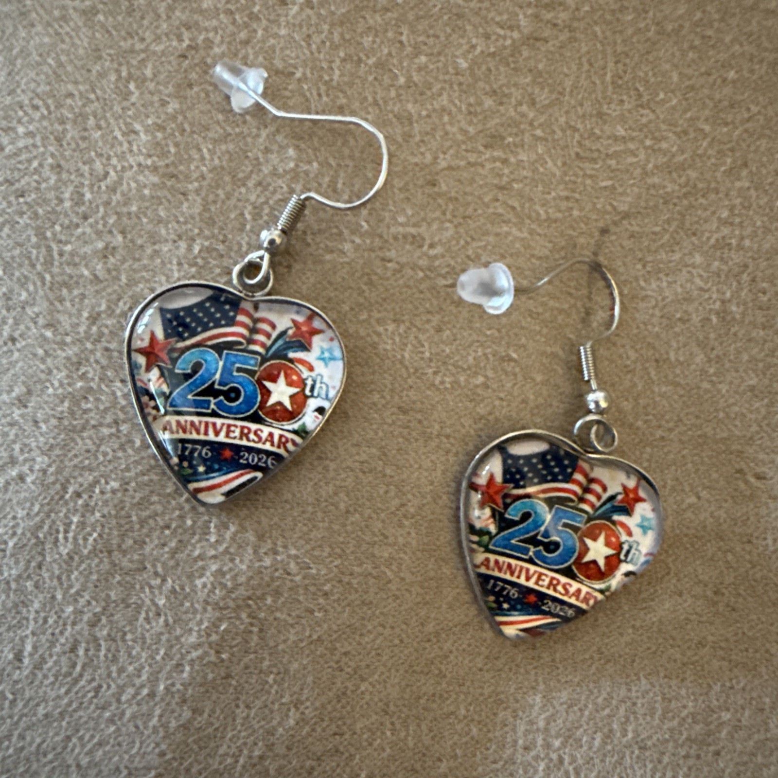 Love These 250th Anniversary W/American Flags Dangle Heart Shaped Earrings
