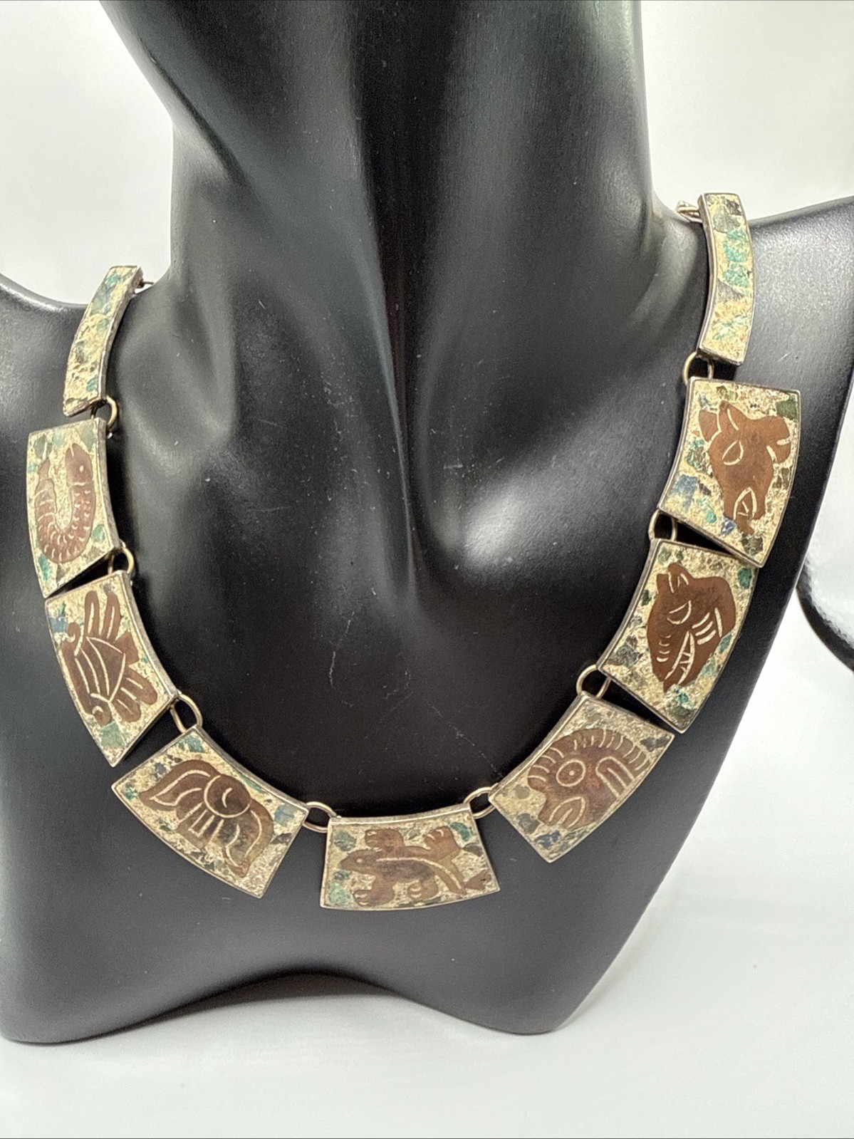 VTG HECHO EN MEXICO 925 STERLING MIXED STONES AZTEC NECKLACE.56.8 GRAMS.SIGN DH?