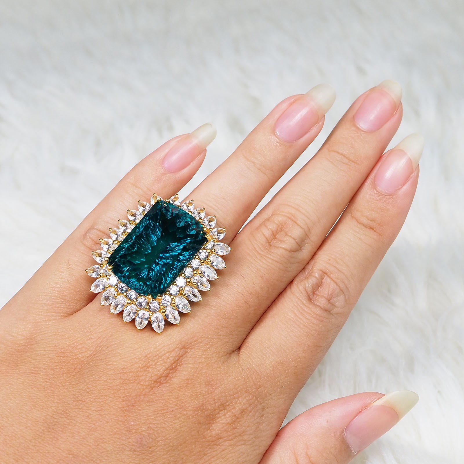 Blue Green Tourmaline Concave 33.5Ct 925 Sterling Silver 24K Gold Ring Size 6.75