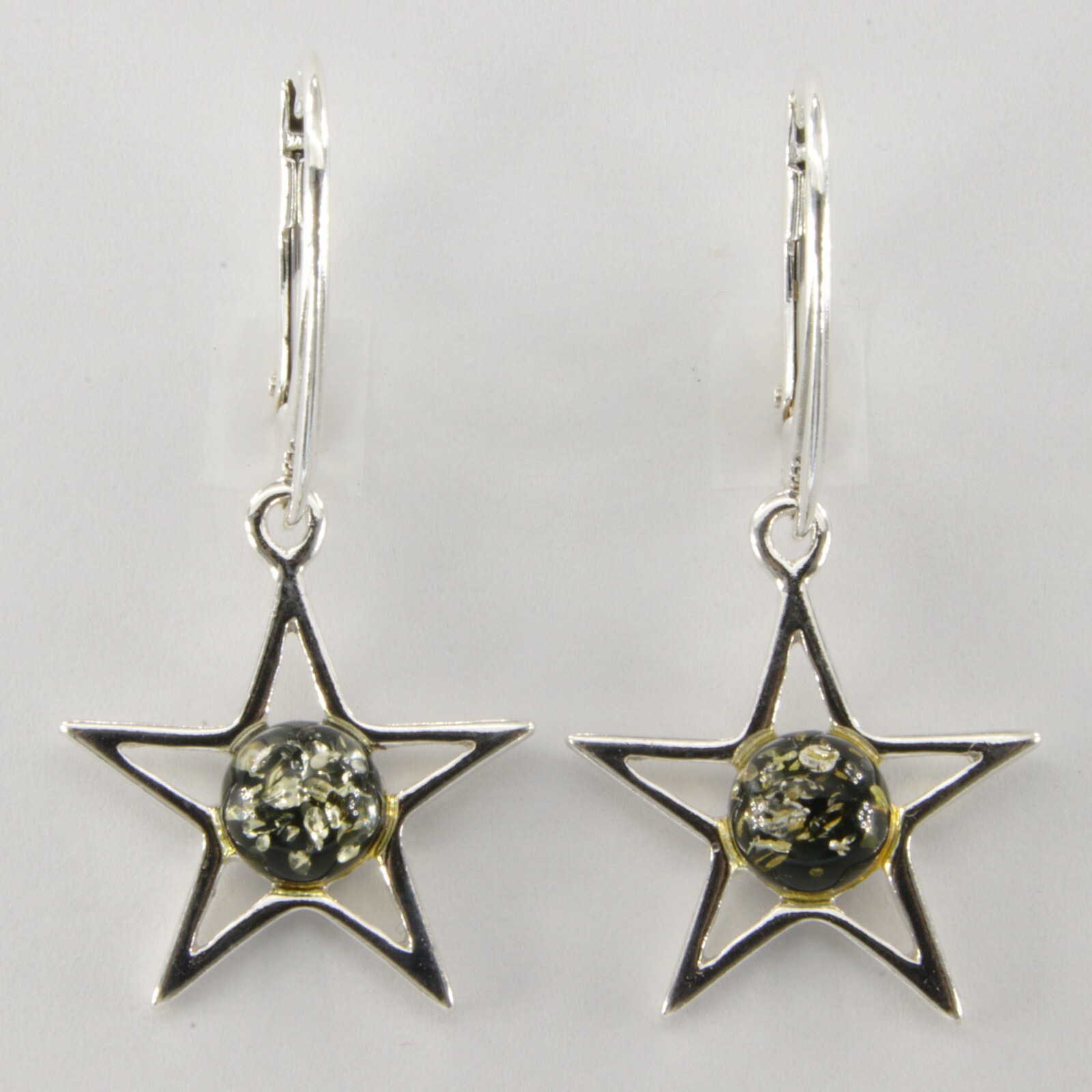 Green BALTIC AMBER Star Leverback Earrings 925 STERLING SILVER #3610e