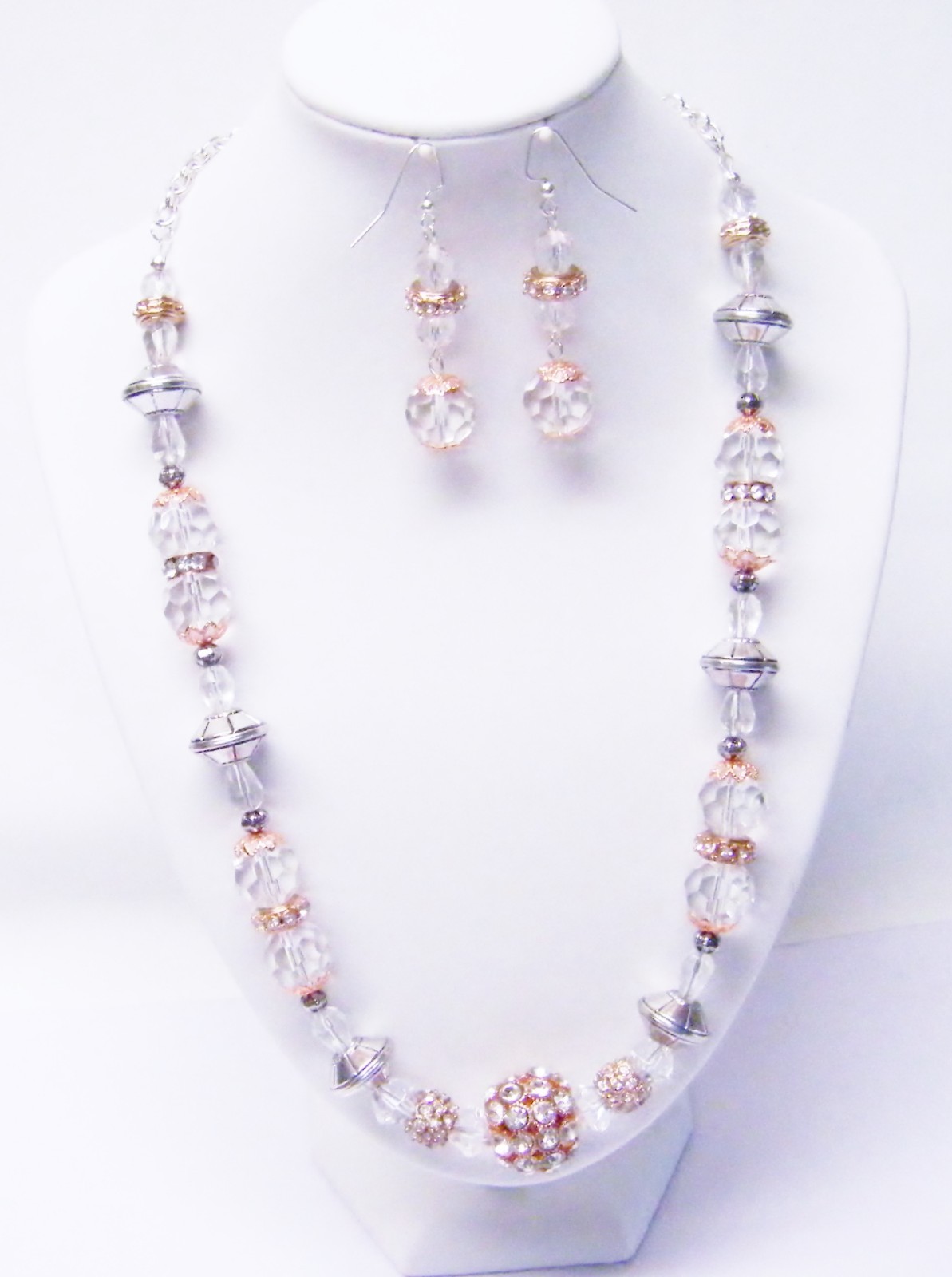 Rose Gold/Clear Glass/Silver Plated Beaded Necklace/Earrings Set
