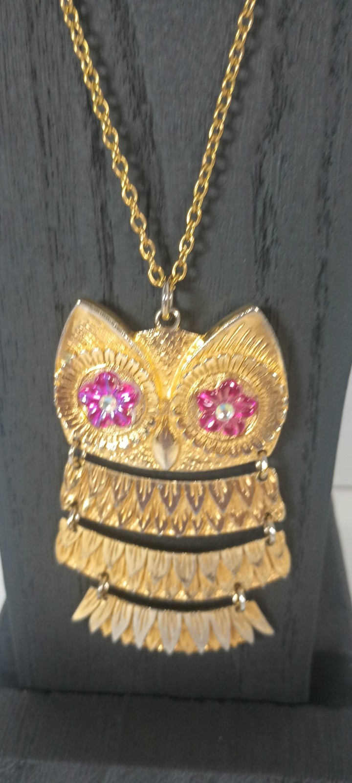 Vintage Articulated Gold Tone Owl Pendant Necklace With Pink Floral Eyes