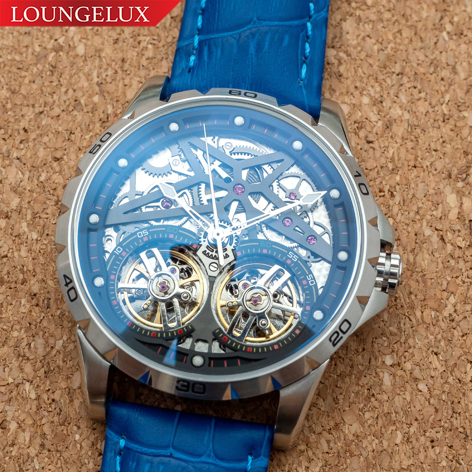 Mens Silver Double Flywheel Skeleton Automatic Mechanical Watch Blue Leather