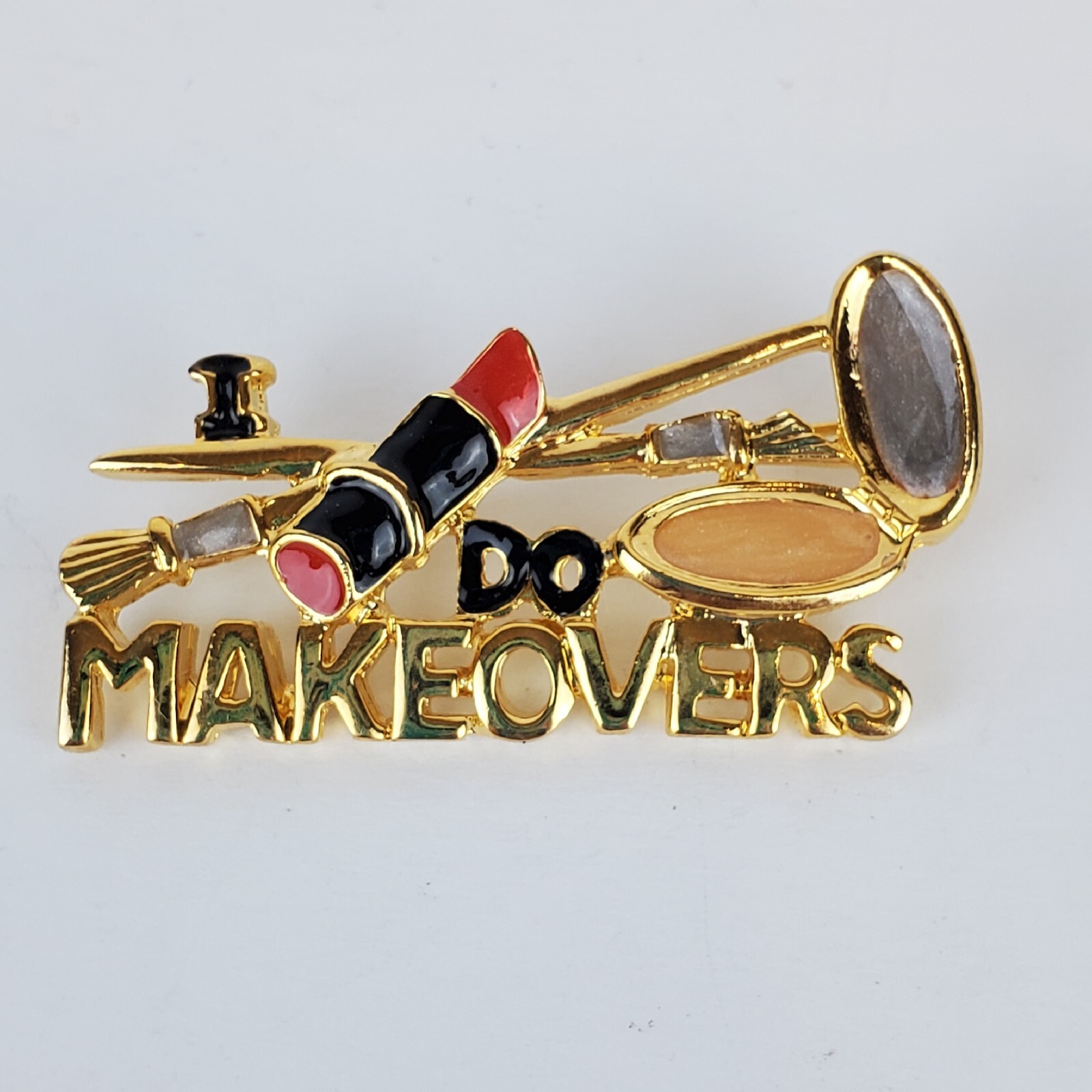 Gold Tone Metal Black Red Enamel I DO MAKEOVERS Cosmetology Brooch Pin