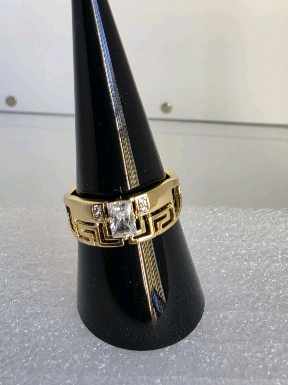 Gold Plated 14K Tone Greek Key CZ Ring Princess Cut Size 7 Statement Band