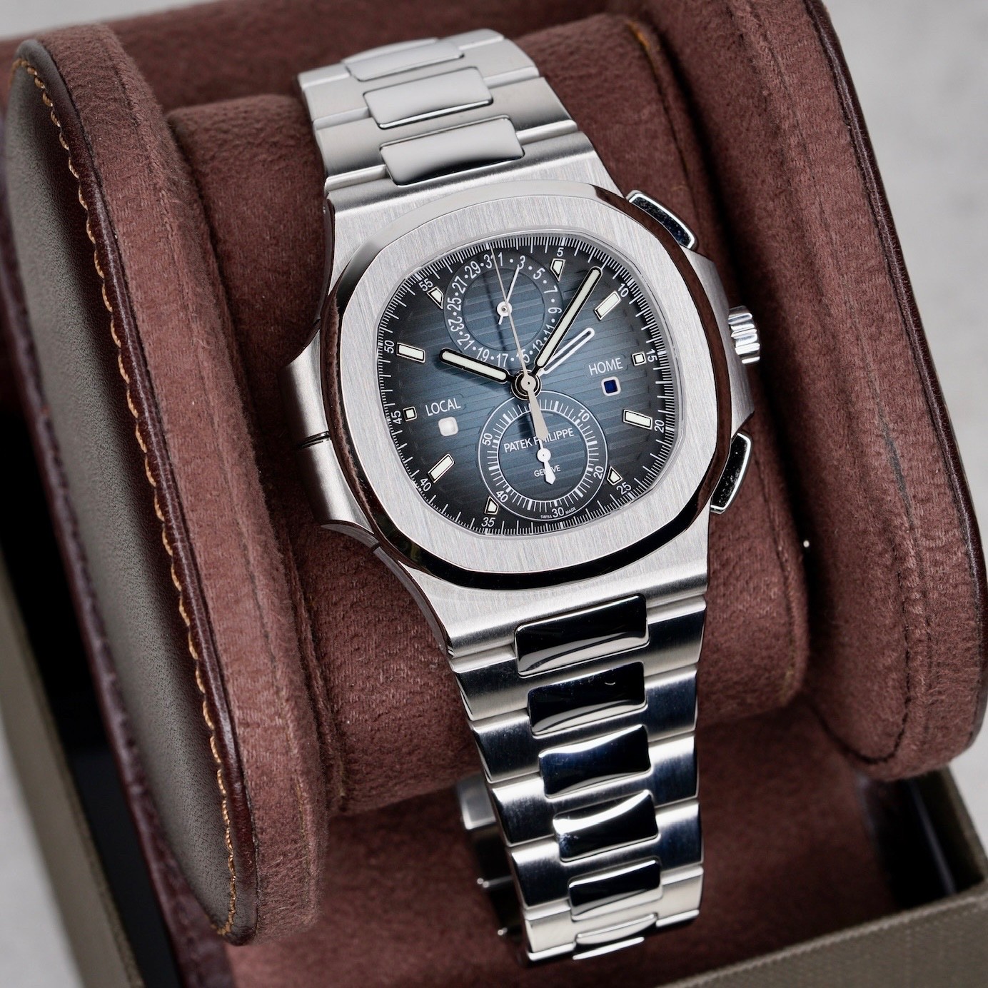 NEW Patek Philippe Nautilus 5990/1A-011 Blue Smoked Dial Travel Time Chronograph