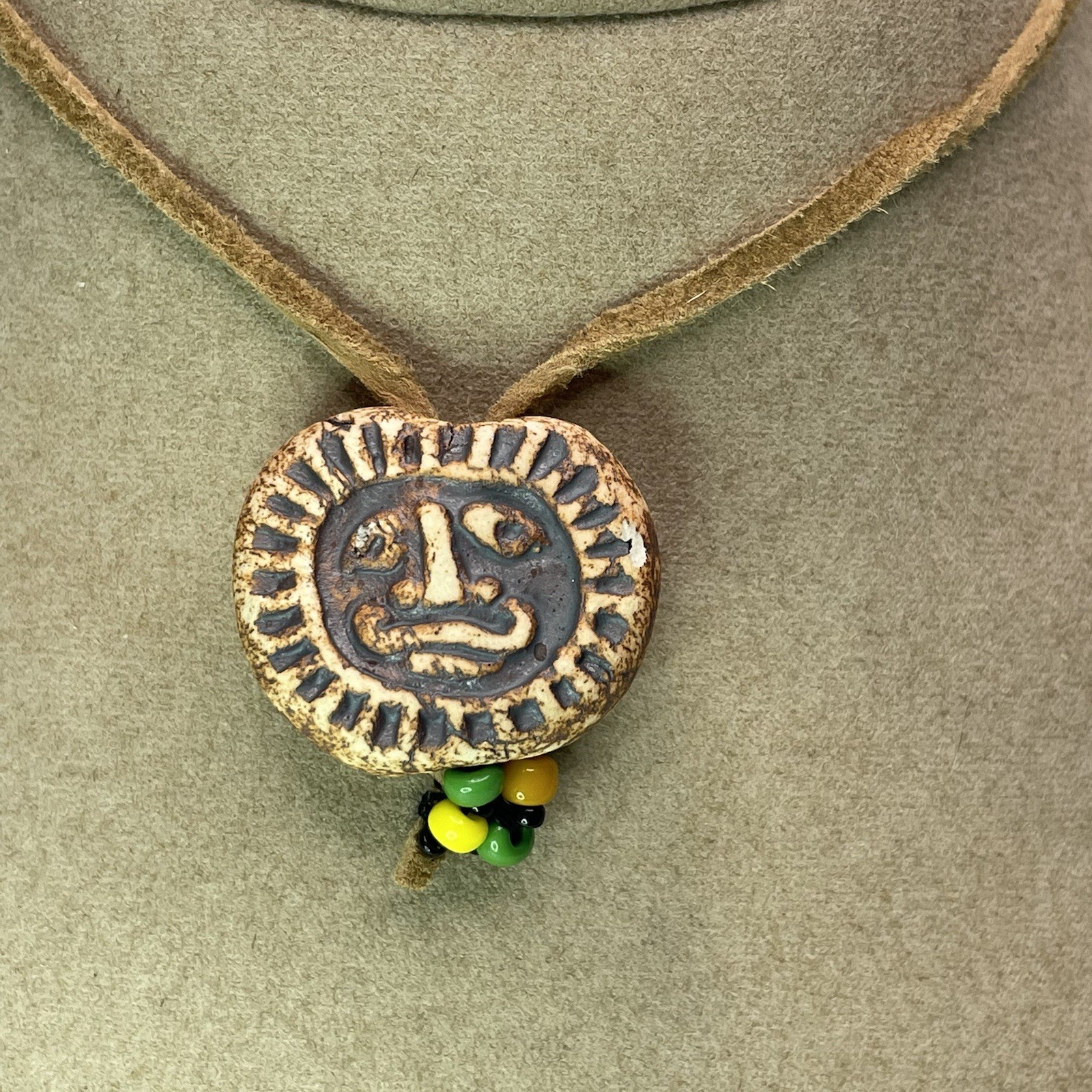 1970s Vintage Cermic Charm necklace Glass Beads Leather Cord Approx 24” Handmade