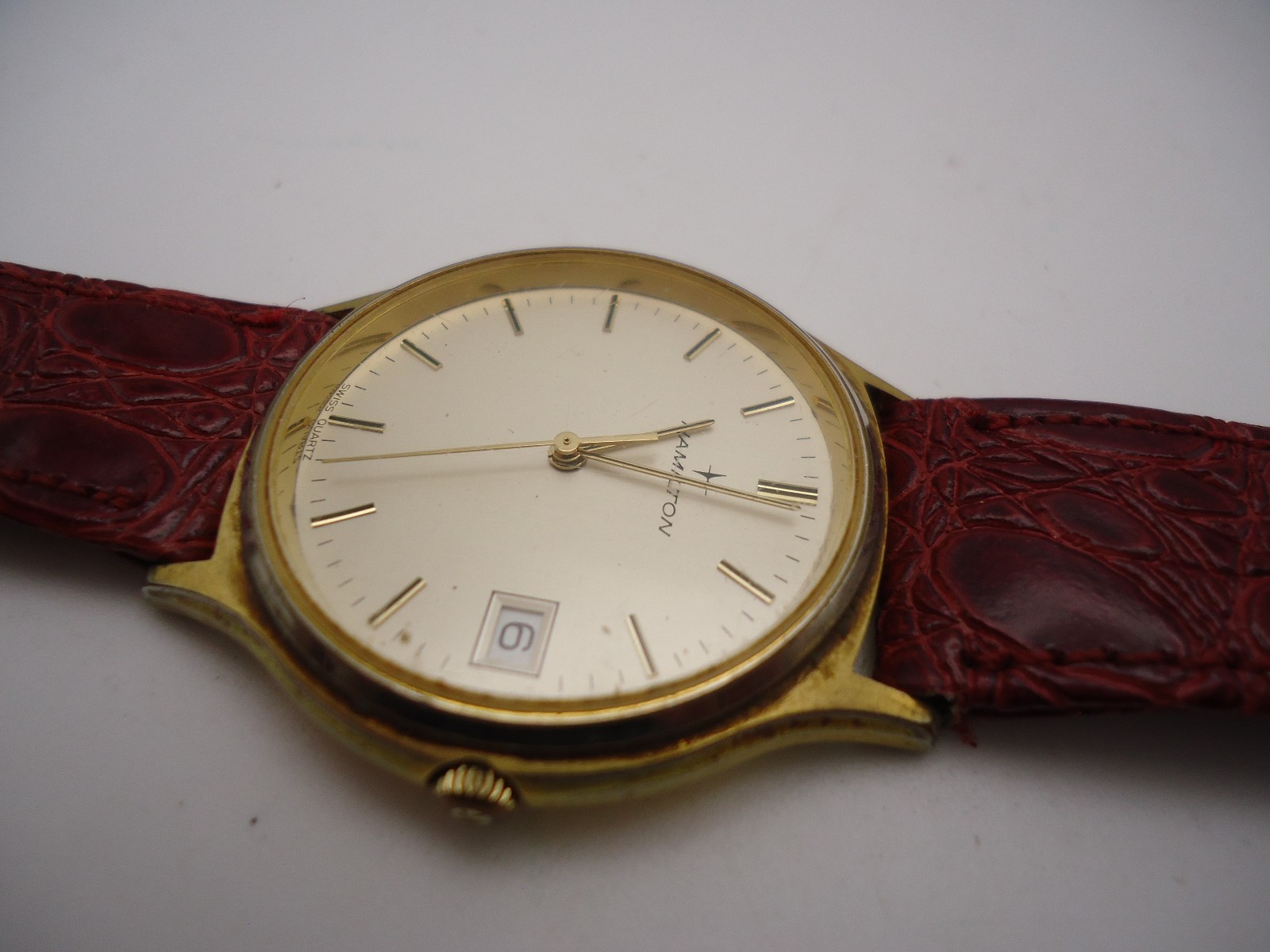 Hamilton 9812 Swiss Watch 34mm Gold Tone Date Leather Strap – New Battery