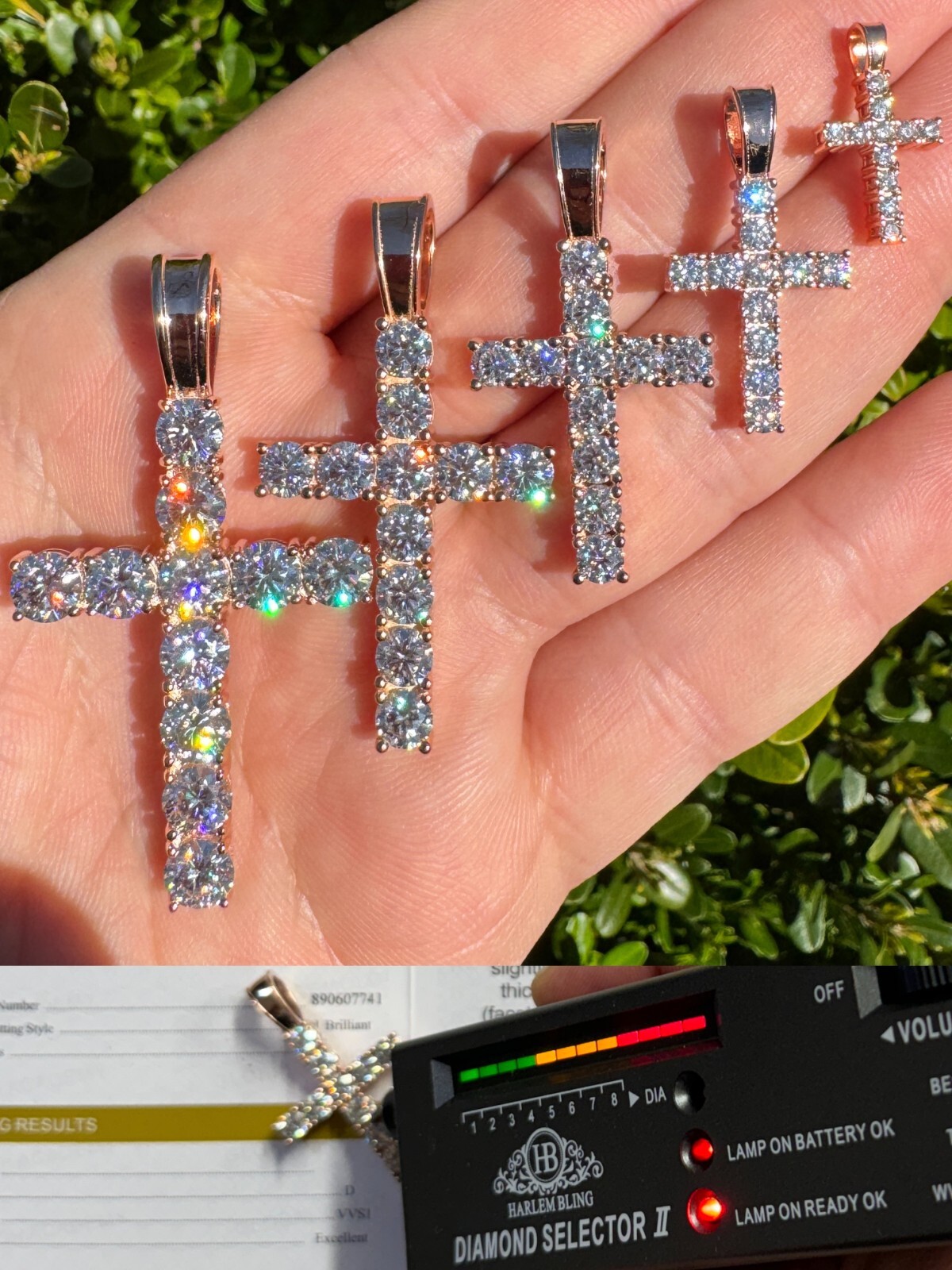 MOISSANITE 14k Rose Gold Cross & Real 925 Silver Iced Pendant Necklace Hip Hop
