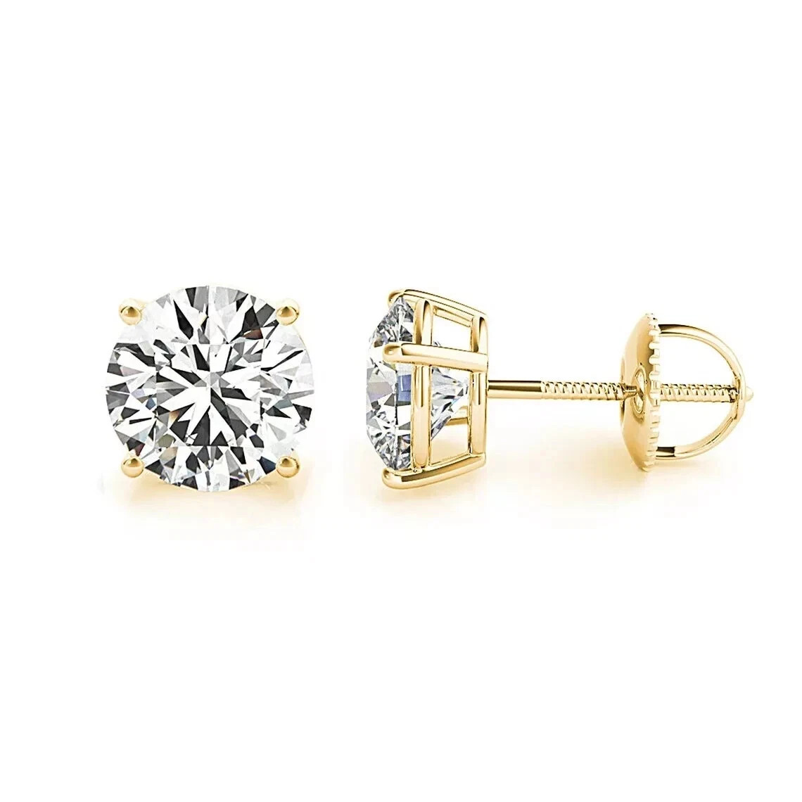 2.00 Ct D VVS Round Cut Lab Grown Diamond Stud Earrings 14K Yellow Gold 4-Prong