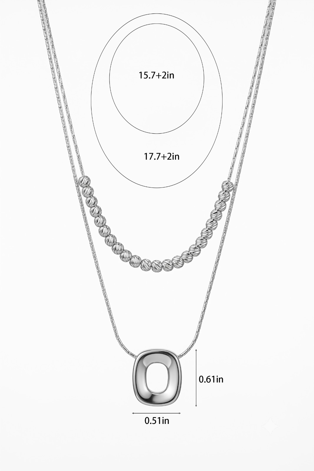 2Pcs Stainless Steel 18K White Gold Plated Layered Bead Oval Pendant Necklace