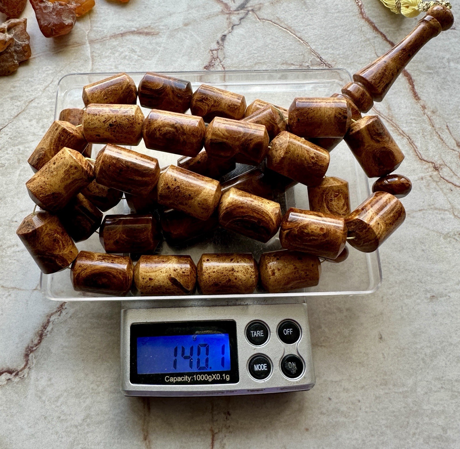 Big Baltic Amber 140g. Islamic Prayer Rosary Barrel 33 Brown Beads Pressed