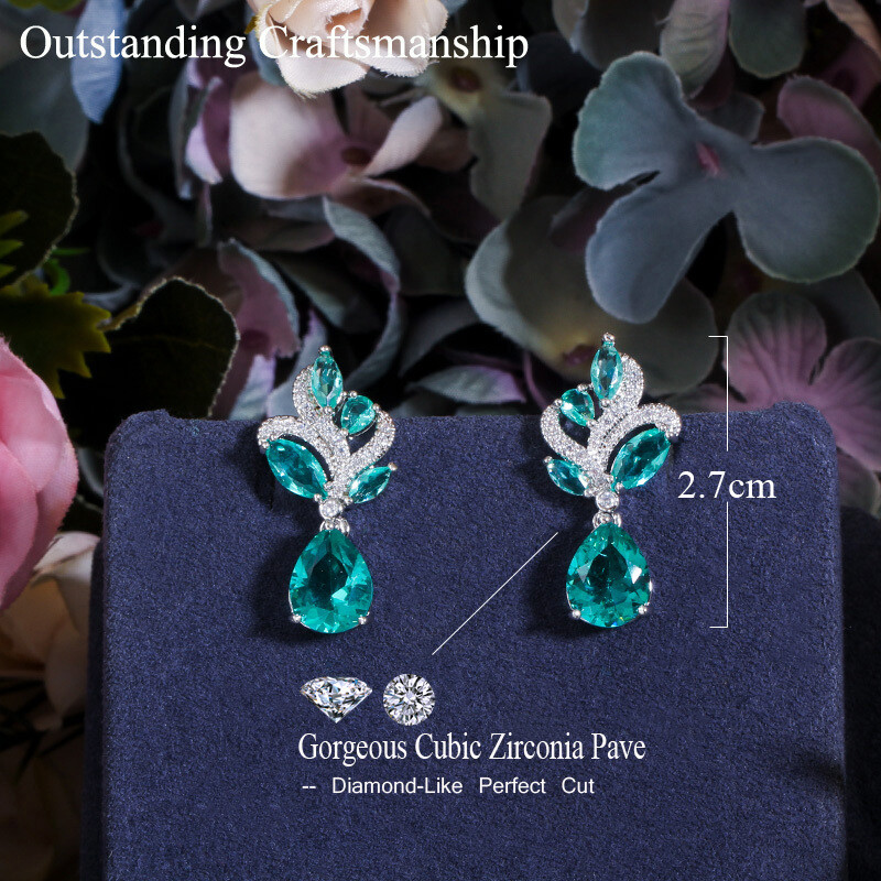 Women Silver Plated Green Cubic Zirconia Leaf Dangle Drop Earrings Party Jewelry