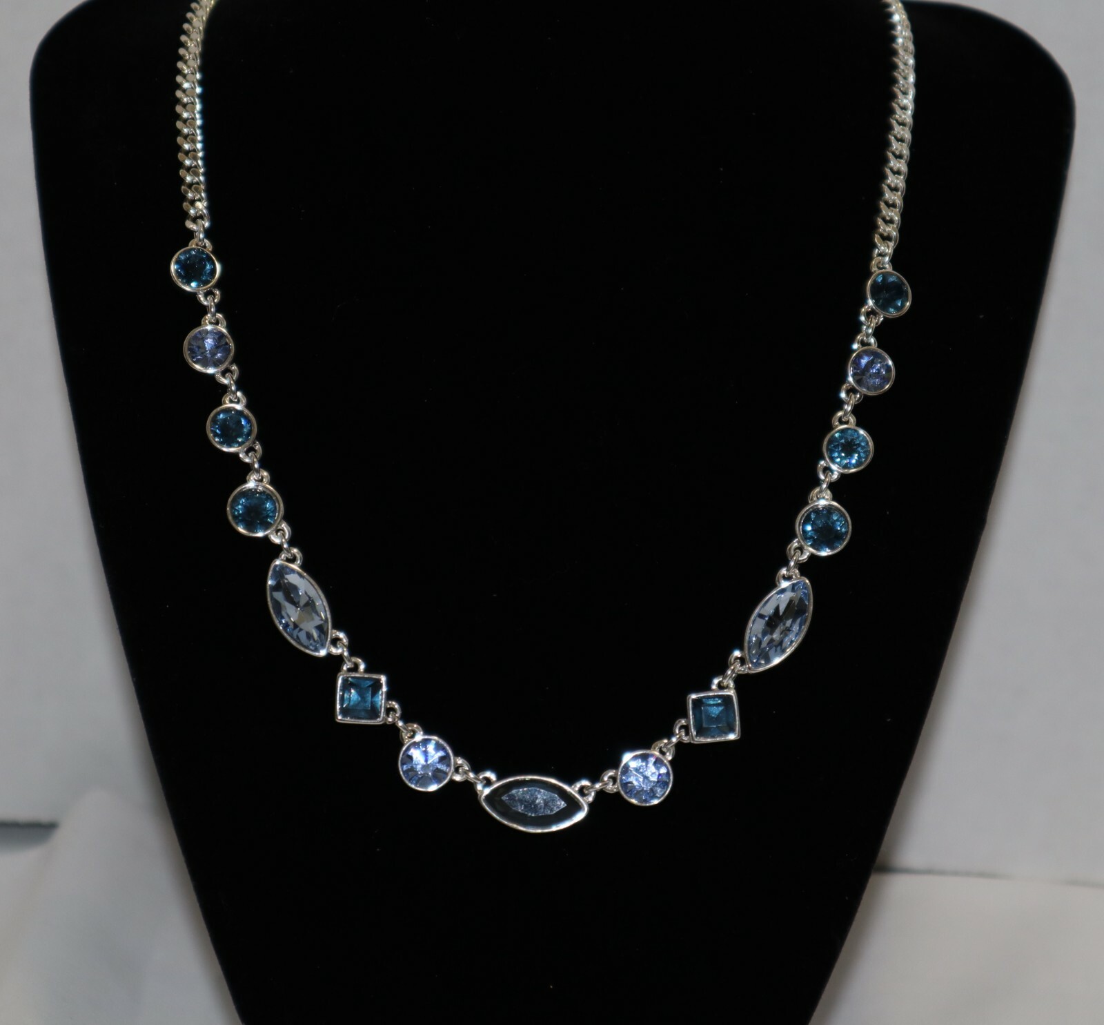 D K N Y Silverstone Necklace With blue Rhinestones Size 18”in Long