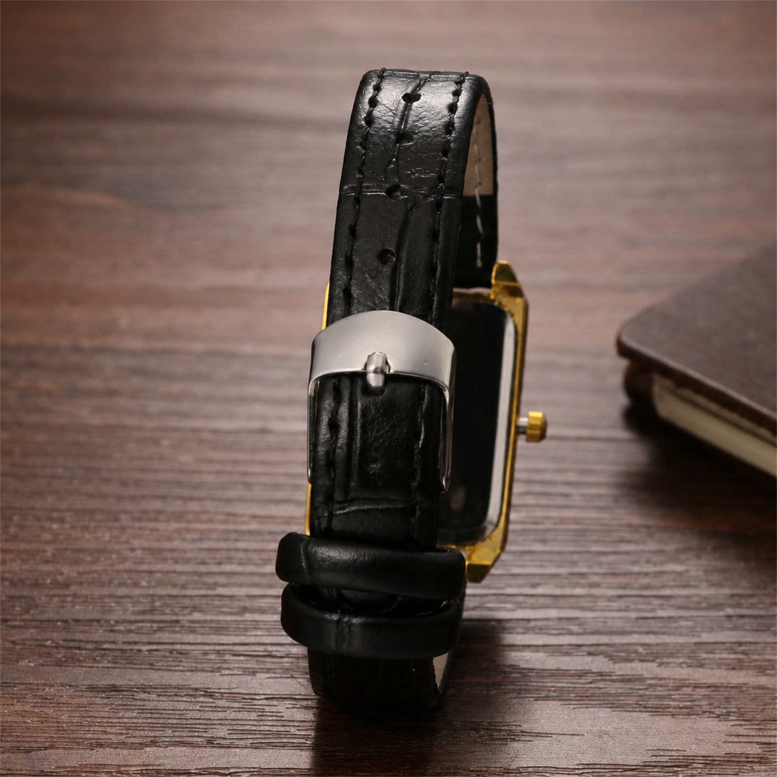 Women Business Rectangle Rhinestone PU Leather Band Wrist Watch for Daily Office