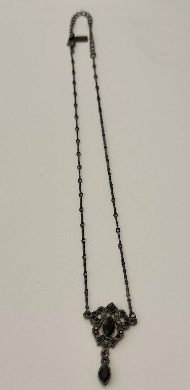 VTG 1928 Jewelry Co Black Rhinestone Marquise Y Drop Necklace Gunmetal Gothic