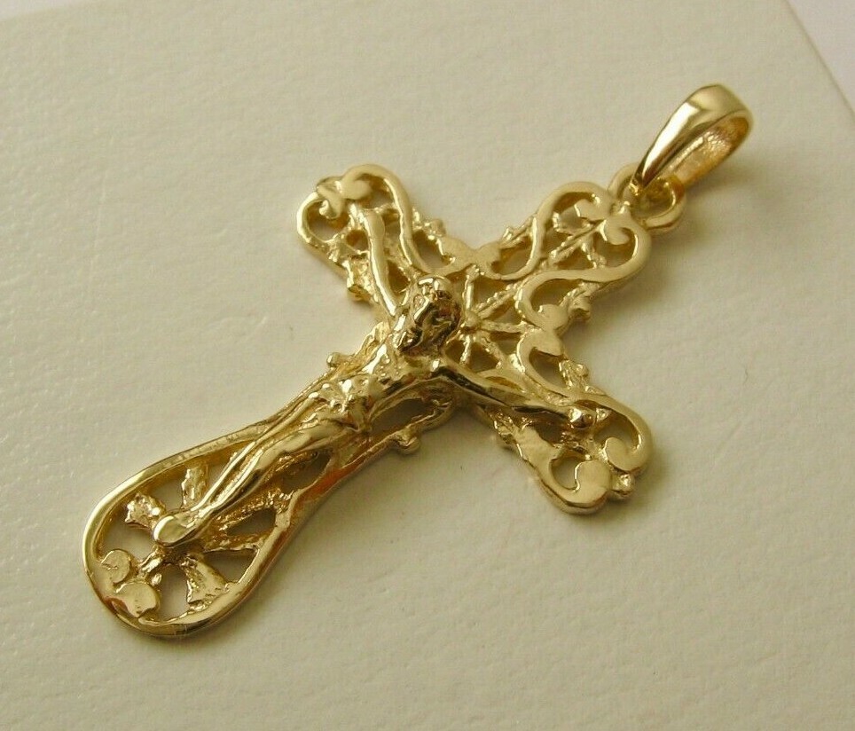GENUINE SOLID 9K 9ct YELLOW GOLD FILIGREE CROSS CRUCIFIX JESUS PENDANT