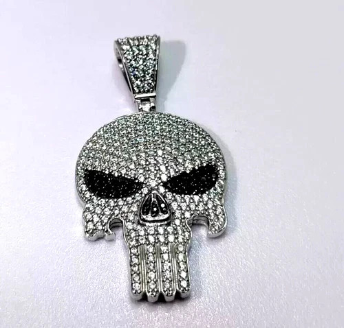 14K White Gold Plated Skull Pendant Necklace 2 Ct Round Simulated Black Diamond