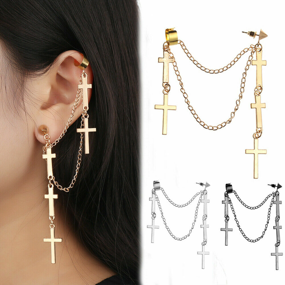 Gothic Punk Cuff Dangle Drop Cross Earrings Long Chain Stud Tassel Earrings P29