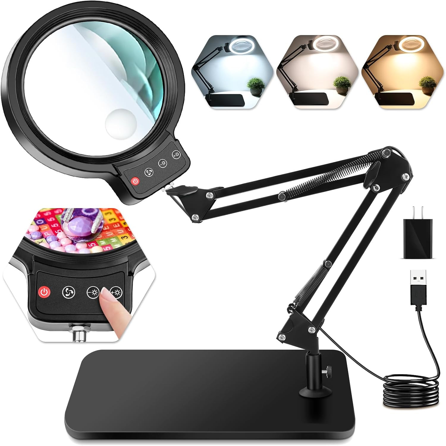 10X 30X Large Magnifying Glass with Light and Stand, 5-Inch Lighted Magnifier, 7