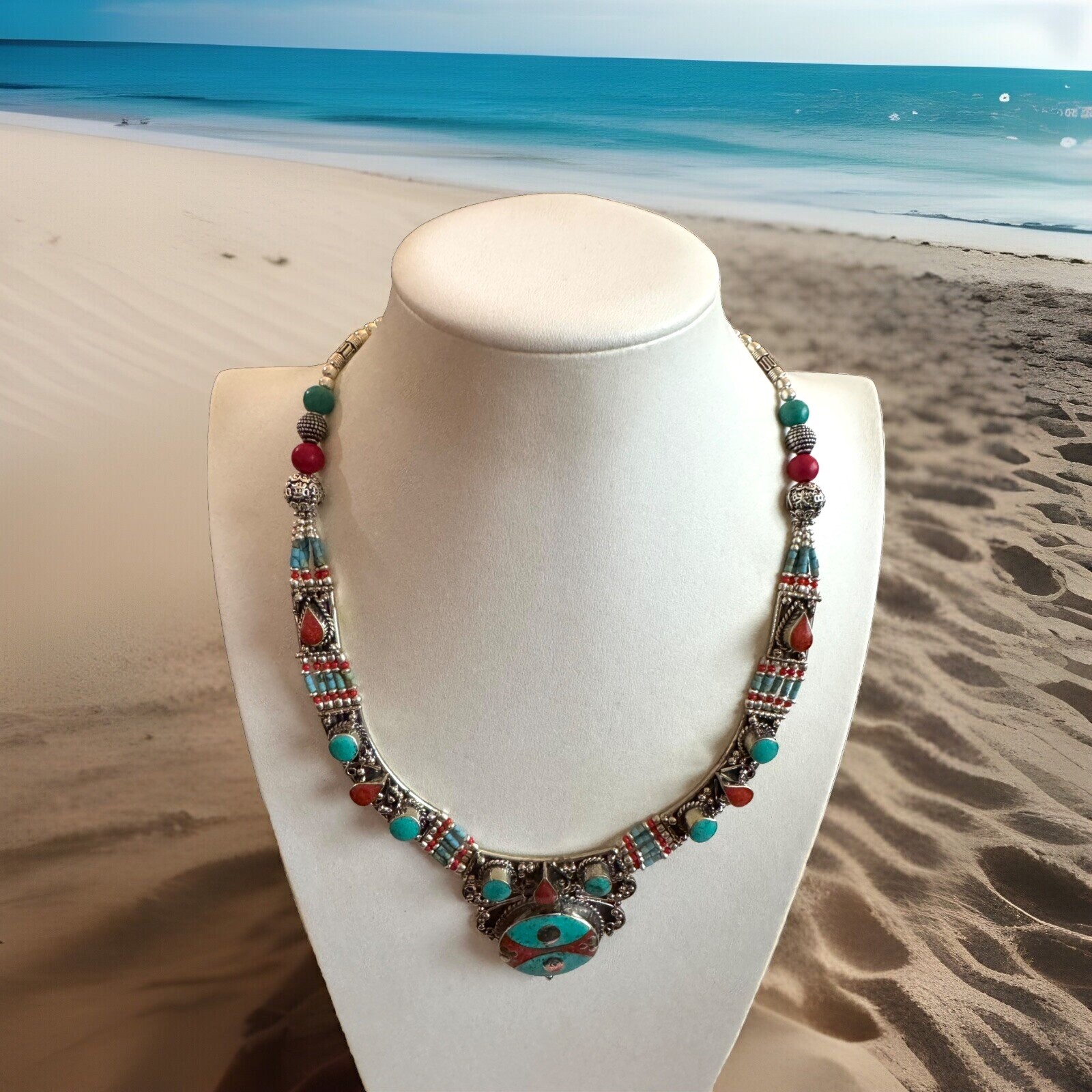 Ethnic tribal theme hand crafted necklace inlay stones set in Tibetan silver19”