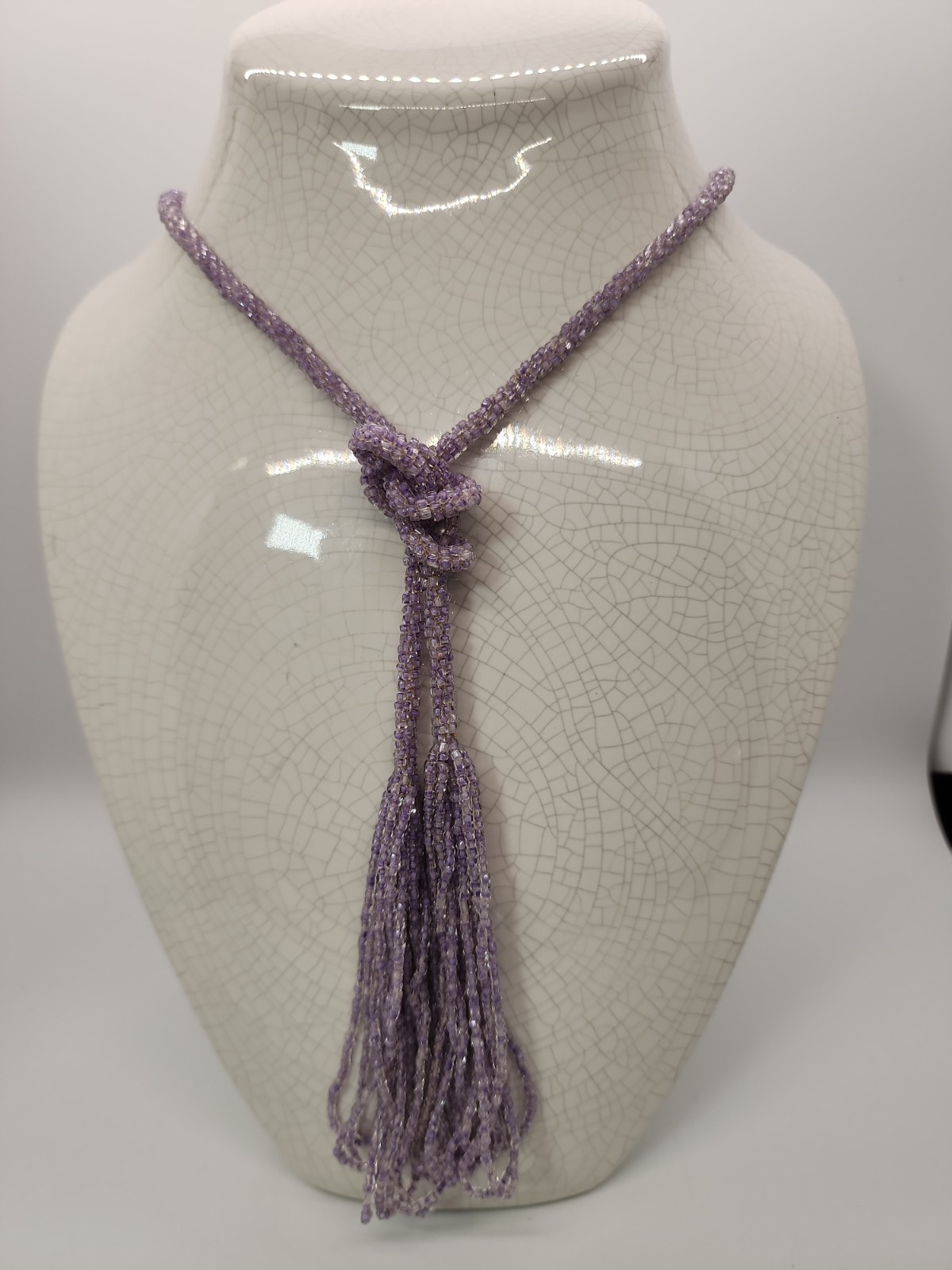 Antique Art Deco Lariat/Sautoir Necklace Micro Lavender Beaded Crochet w/ Tassel