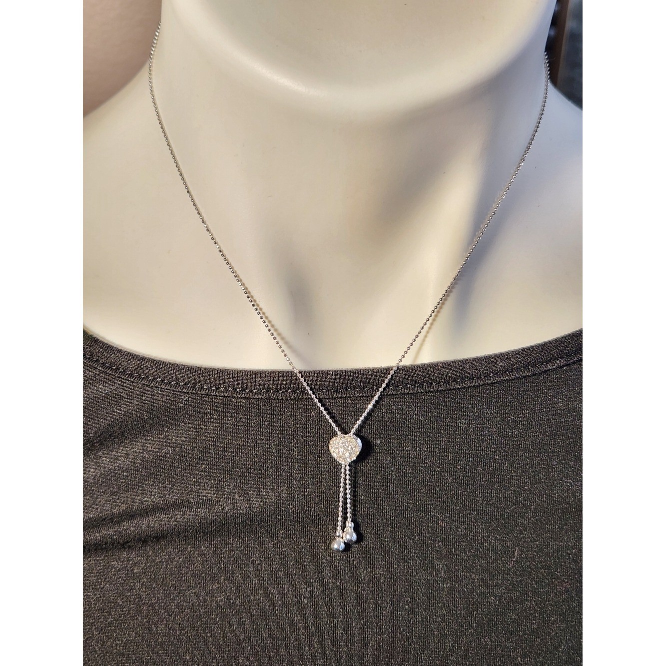 NIB Sterling Silver Heart Bolo Adjustable Slider Pavé Lariat Necklace 16″