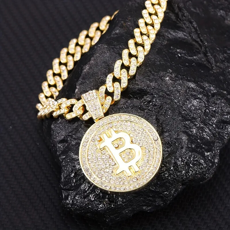 Gold Plated BITCOIN Pendant 11mm 20″ Iced Cubic Zirconia Chain Hip Hop Necklace