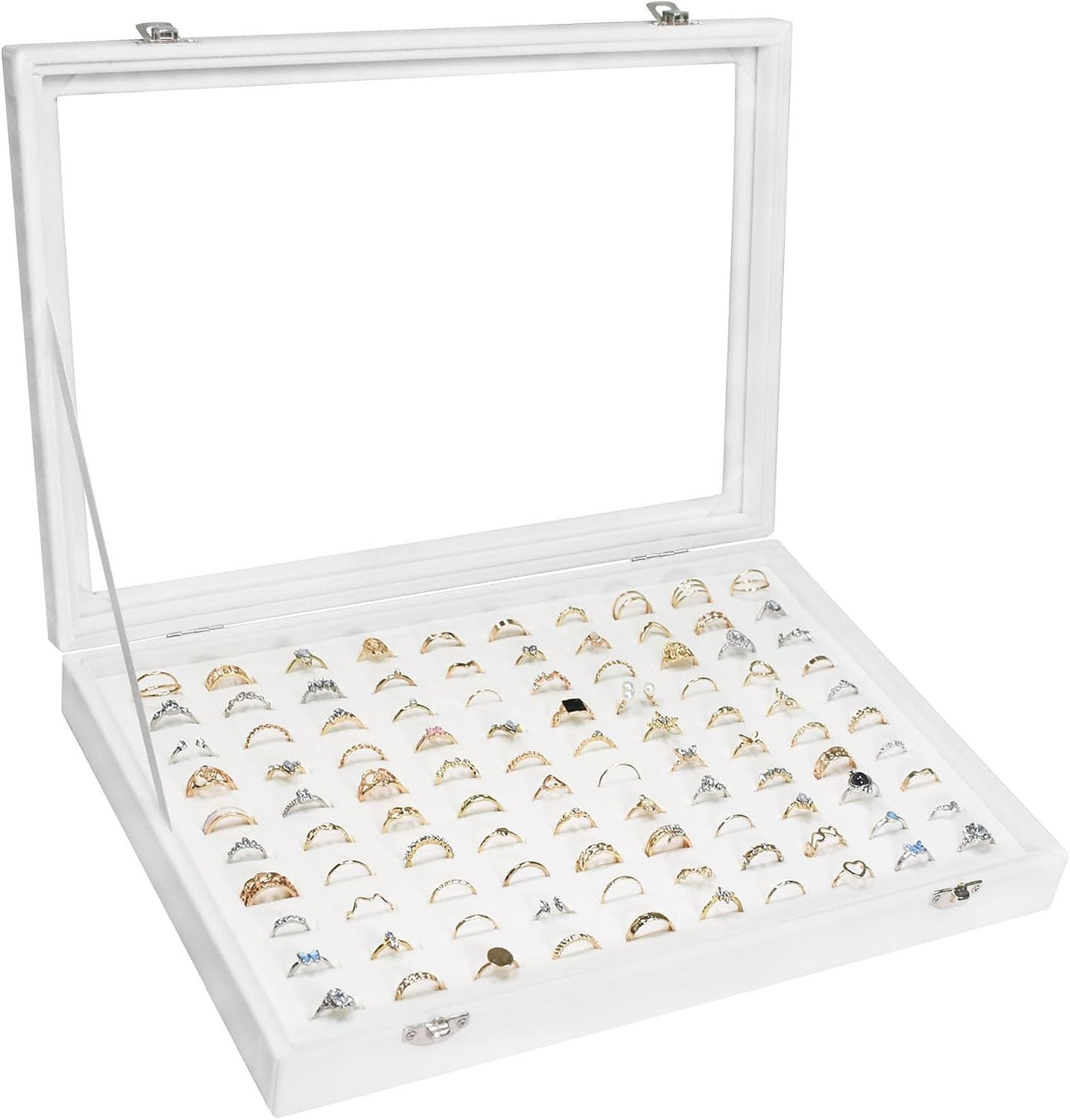 Velvet Ring Display Tray 100 Slot Jewelry Organizer Box Earring Holder Clear Lid