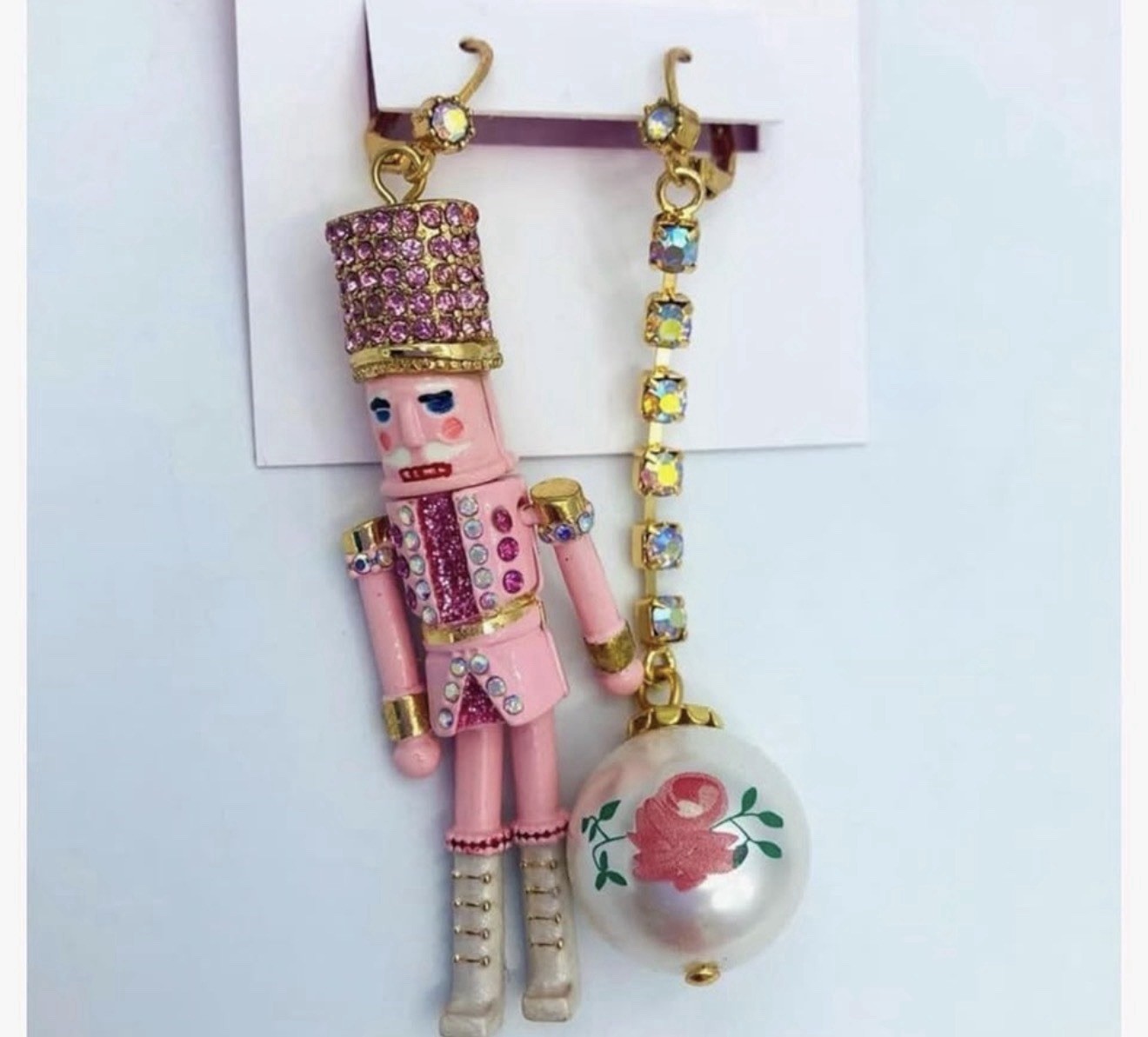 Nutcracker Charm Pendant Necklace Gold Tone Rope Chain Pink Crystal & Pearl