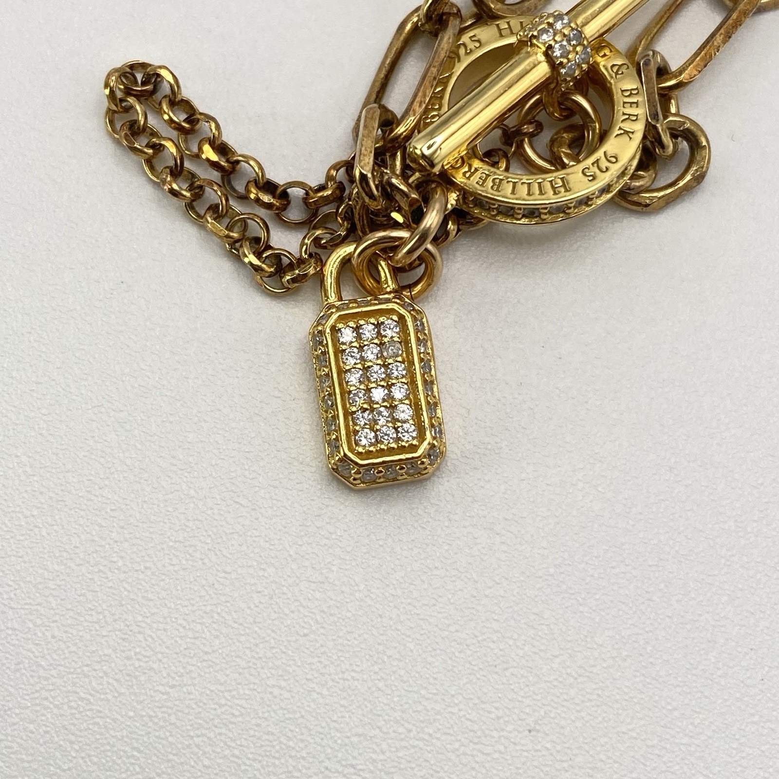 Hillberg & Berk Gemstone Bracelet 925 Gold Paper Clip Lock Charm Cubic Zirconia