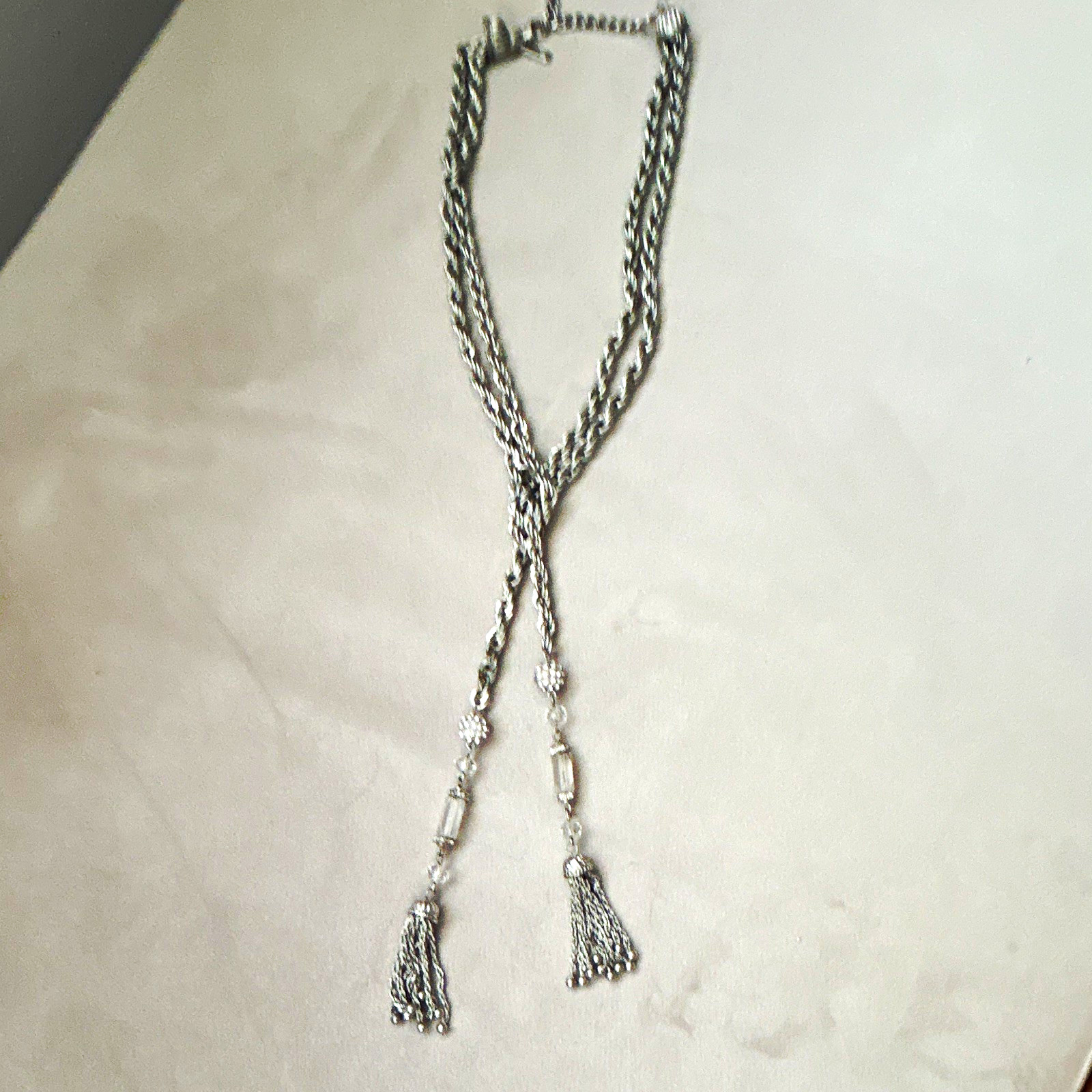 Silver Tone Rope Chain Lariat Necklace Tassel Pendant Adjustable Lobster