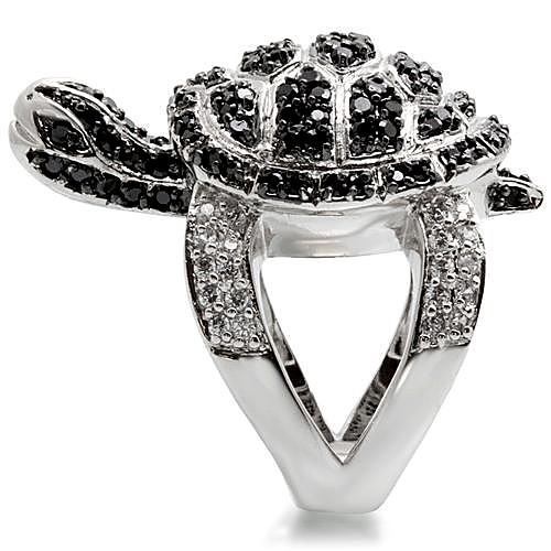 Women’s Turtle Cocktail Ring, Jet CZ, Rhodium & Ruthenium Plated, Brass