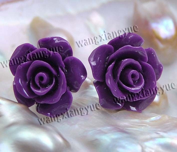 Wholesale 15mm Sea Coral Gems Hand Carved Flower Beads Silver Stud Earrings AAA