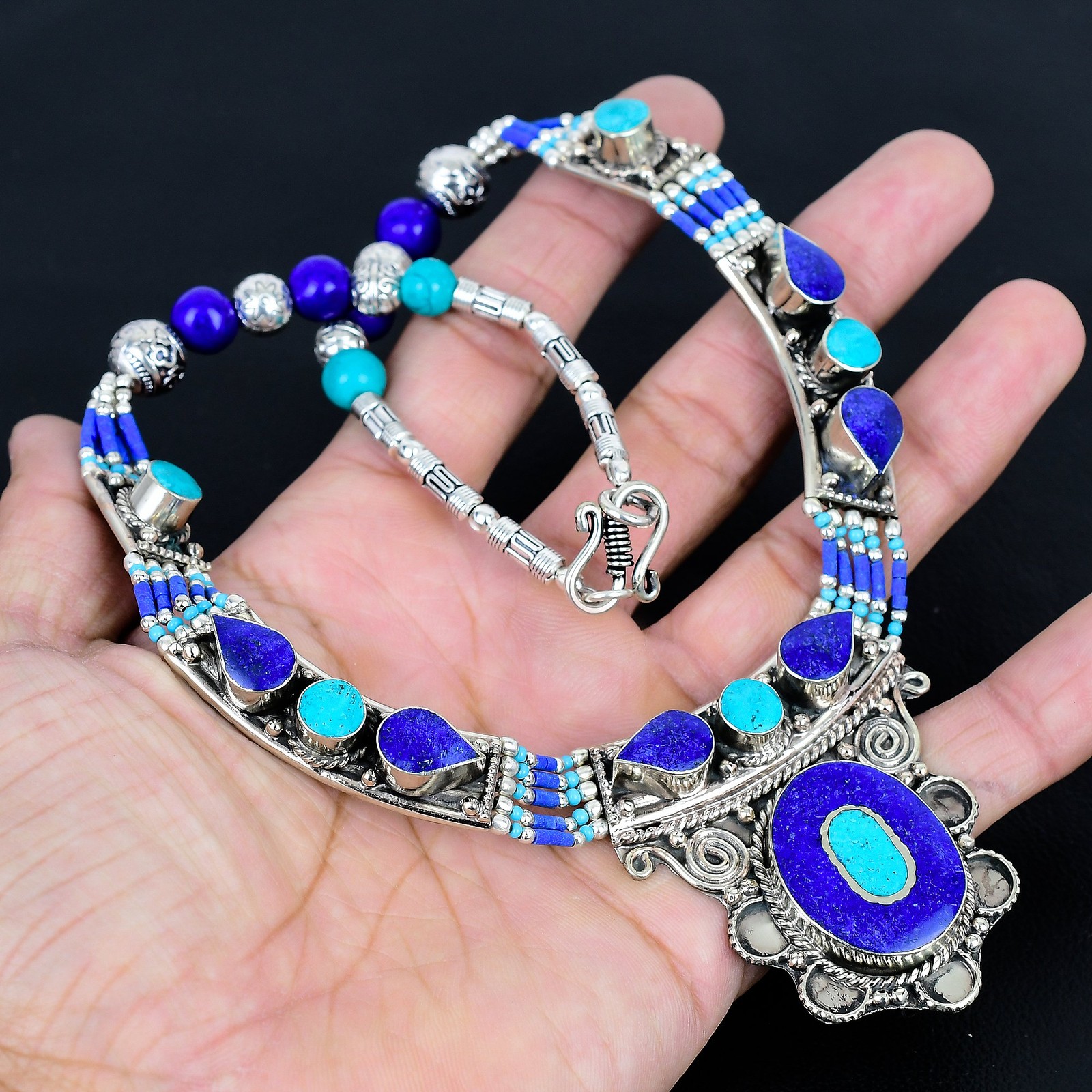 Turquoise Lapis Lazuli 925 Sterling Silver Handmade Tibetan Necklace 18″ PG116