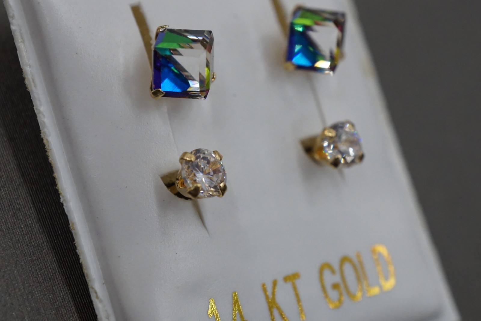14K Solid Yellow Gold 5.5mm Mystic Stones With 3.5mm Cz Telephone Earrings!!