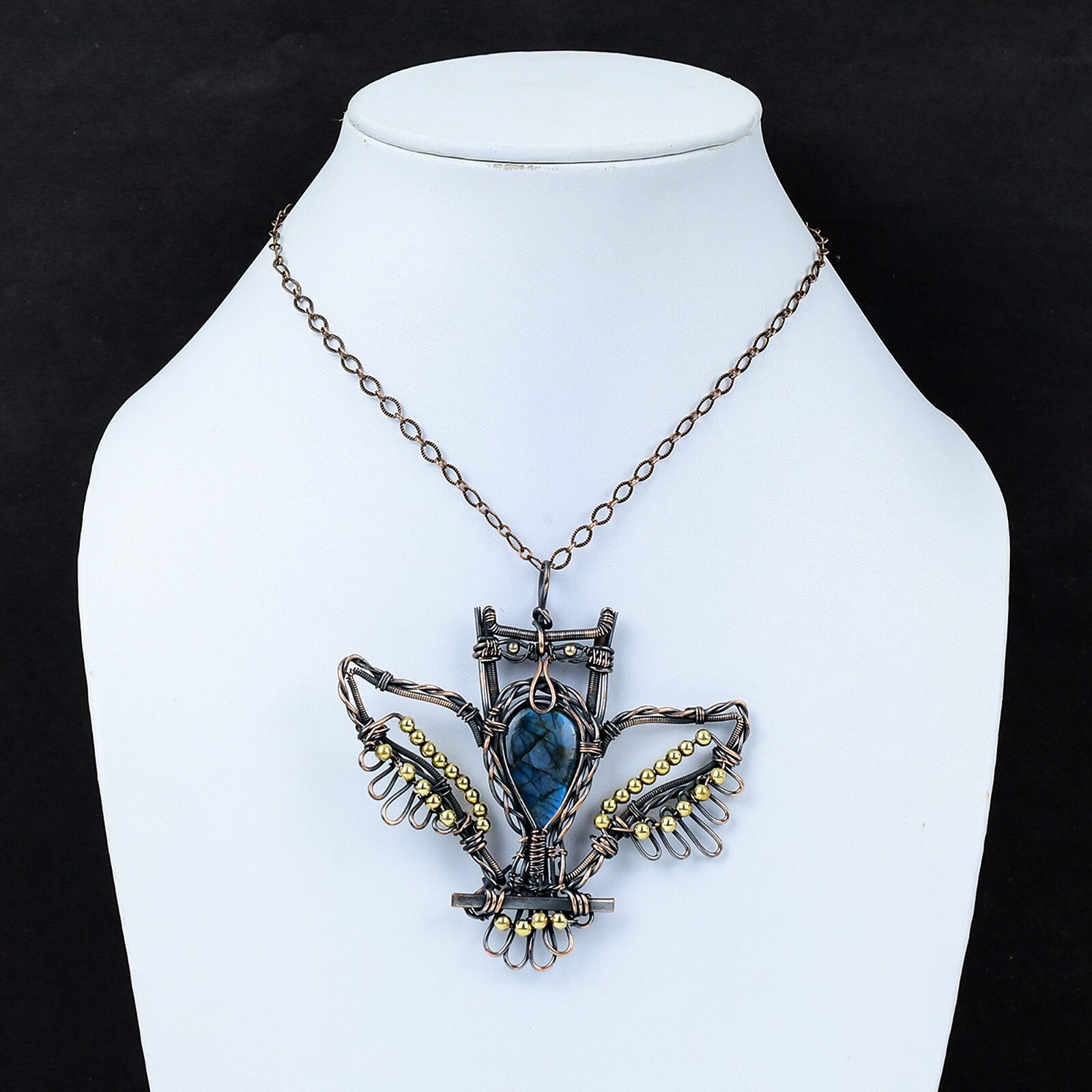 Labradorite Jewelry Copper Gift For Mother Wire Wrapped Owl Pendant 3.31″