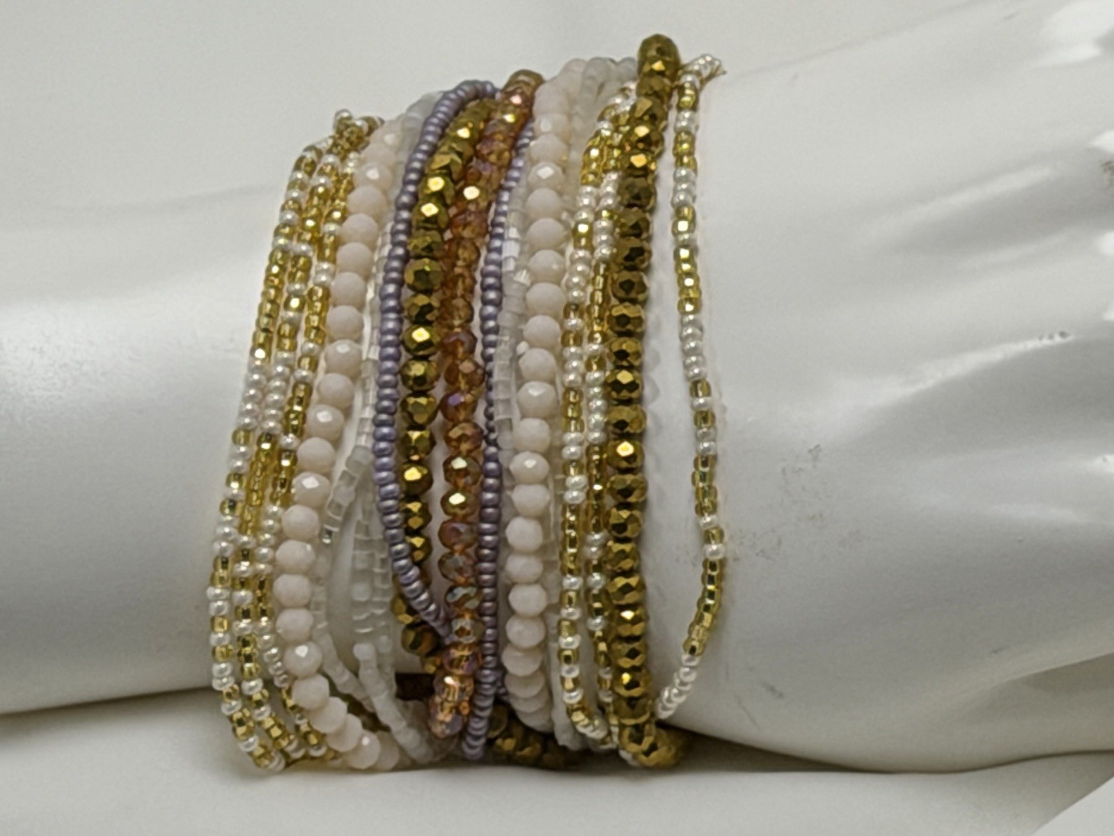 Multicolor Glass Beaded Wrap Bracelet Slide Closure Adjustable Gold/White/Purple
