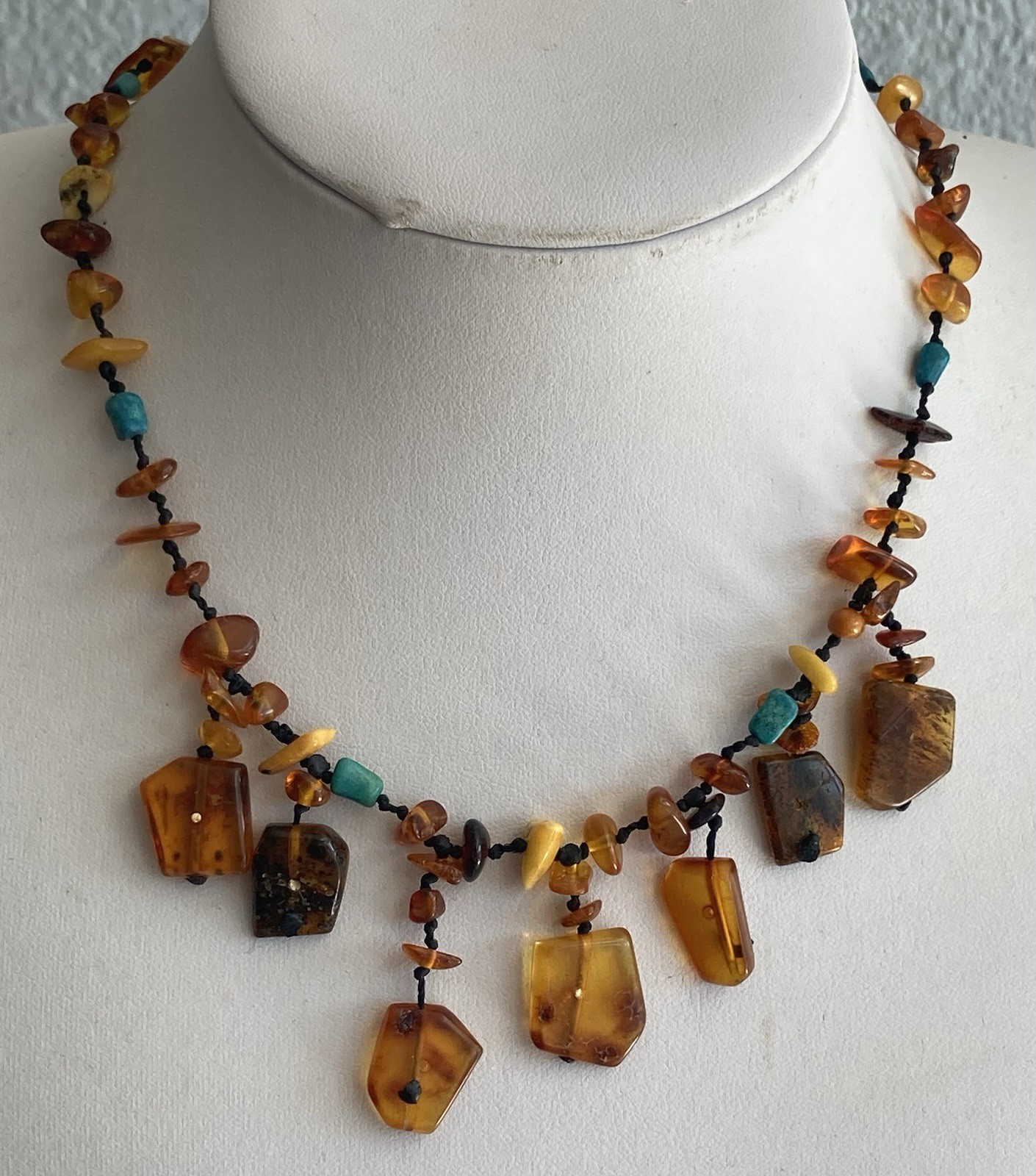 Vintage Necklace Baltic butterscotch amber, turquoise Chips 16.5″ Artisan OOAK