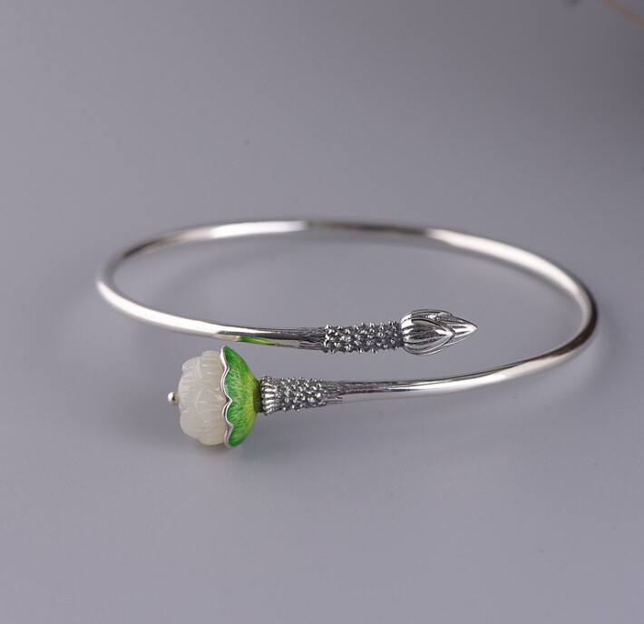 I05 Bangle Silver 925 with Lotus Flower and Bud White Jade Cloisonne